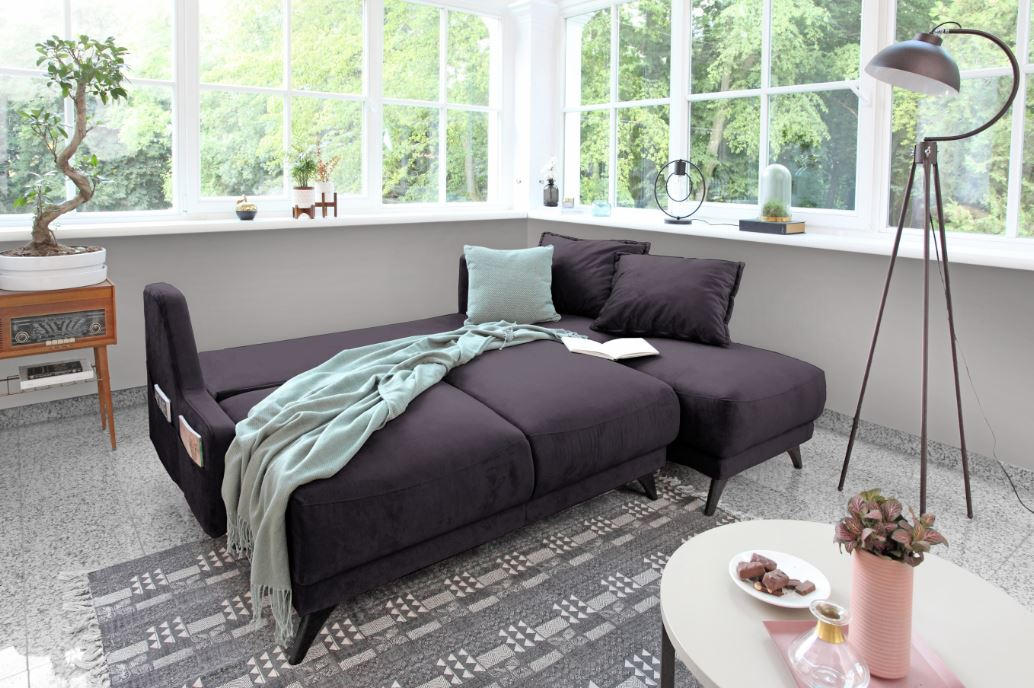 ECKSCHLAFSOFA Dunkelgrau Velours - Dunkelgrau/Schwarz, Basics, Holz/Textil (225/80/90/155cm) - MID.YOU