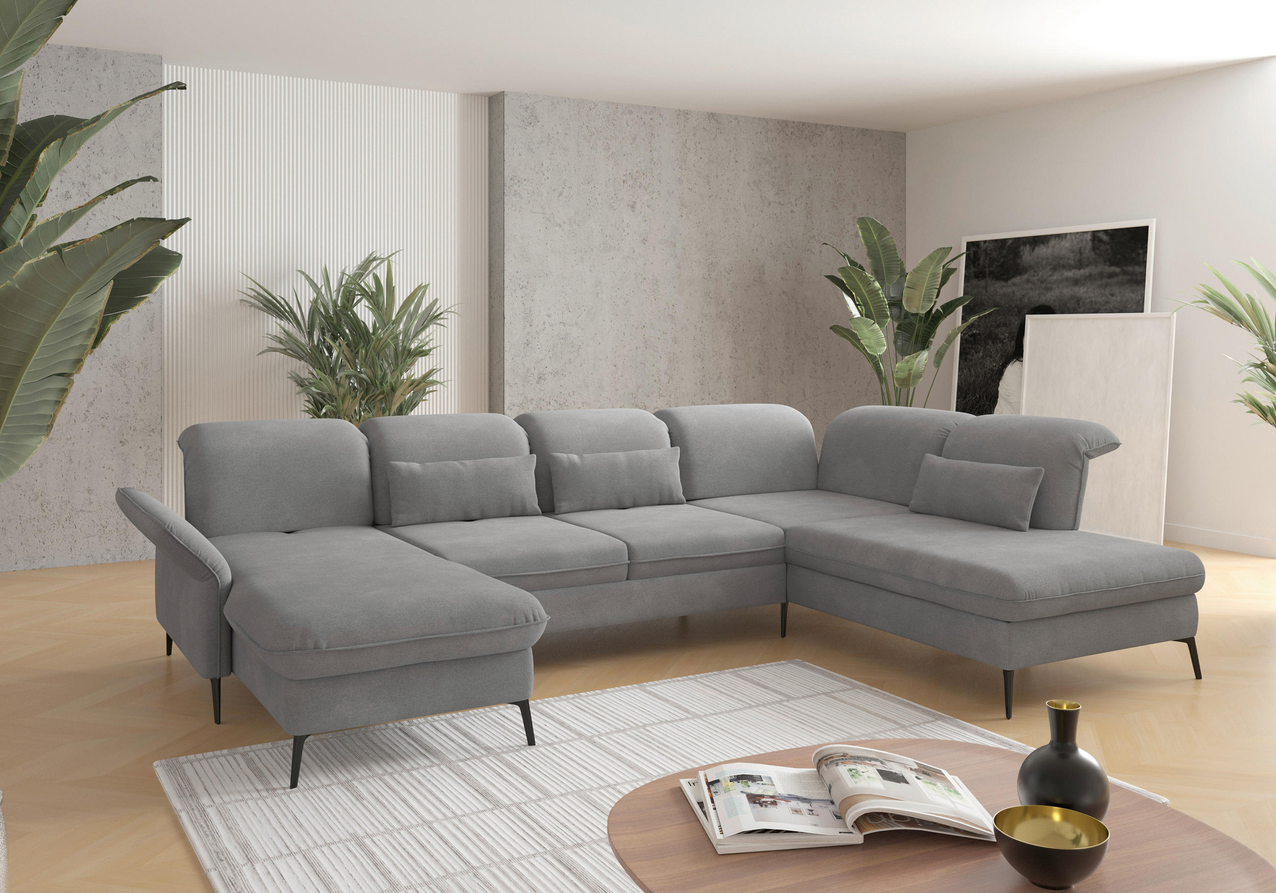 WOHNLANDSCHAFT Grau Flachgewebe  - Schwarz/Grau, KONVENTIONELL, Textil/Metall (198/359/231cm) - Sit & More