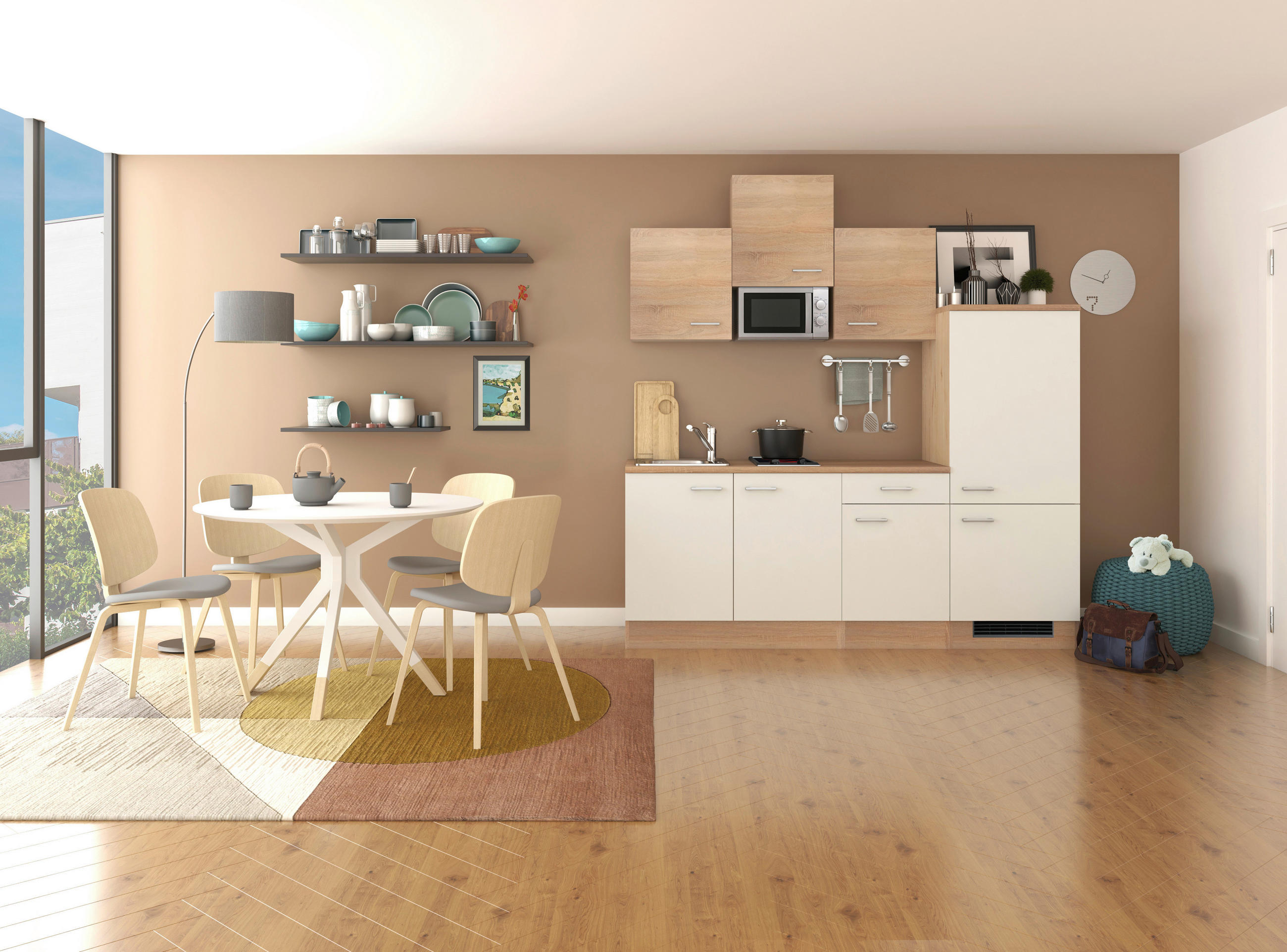 KÜCHENBLOCK 210 cm   in Weiß, Sonoma Eiche  - Alufarben/Weiß, MODERN, Holzwerkstoff/Kunststoff (210cm) - FlexWell