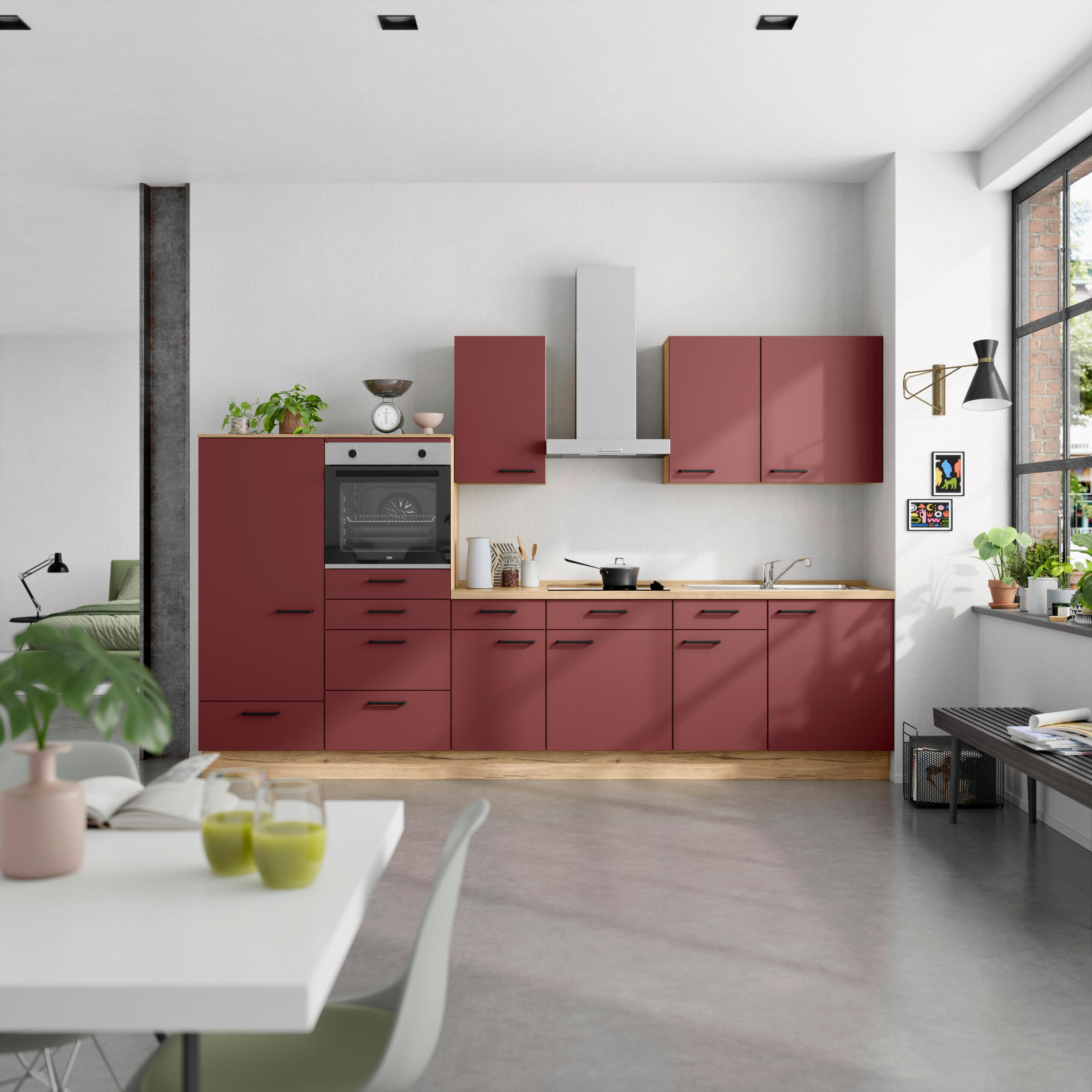 KÜCHENBLOCK 330 cm   in Eichefarben, Dunkelrot  - Eichefarben/Schwarz, MODERN, Holzwerkstoff/Metall (330cm) - Nobilia