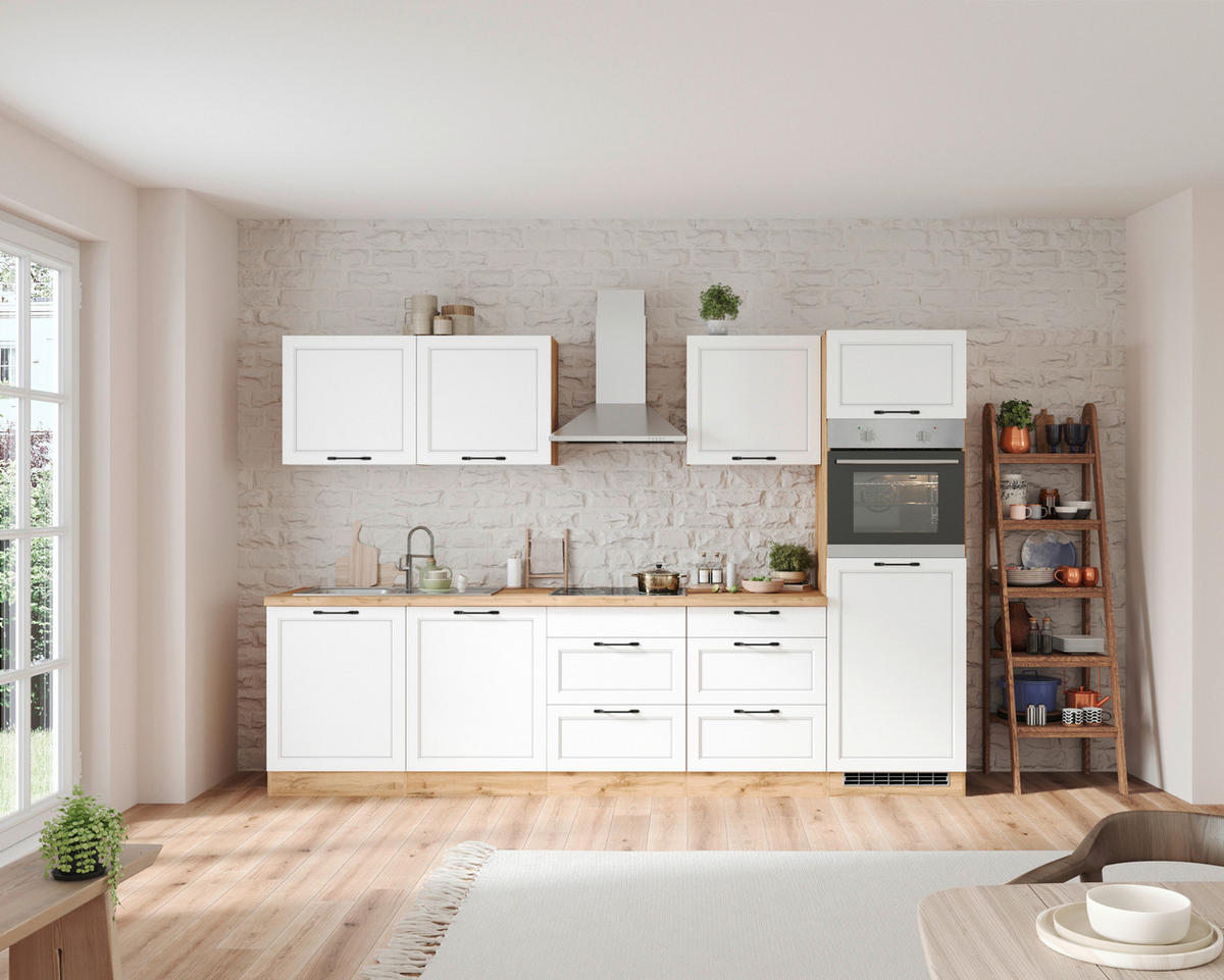 KÜCHENBLOCK 300 cm   in Weiß, Eiche Wotan  - Eiche Wotan/Schwarz, LIFESTYLE, Holzwerkstoff/Metall (300cm) - Held