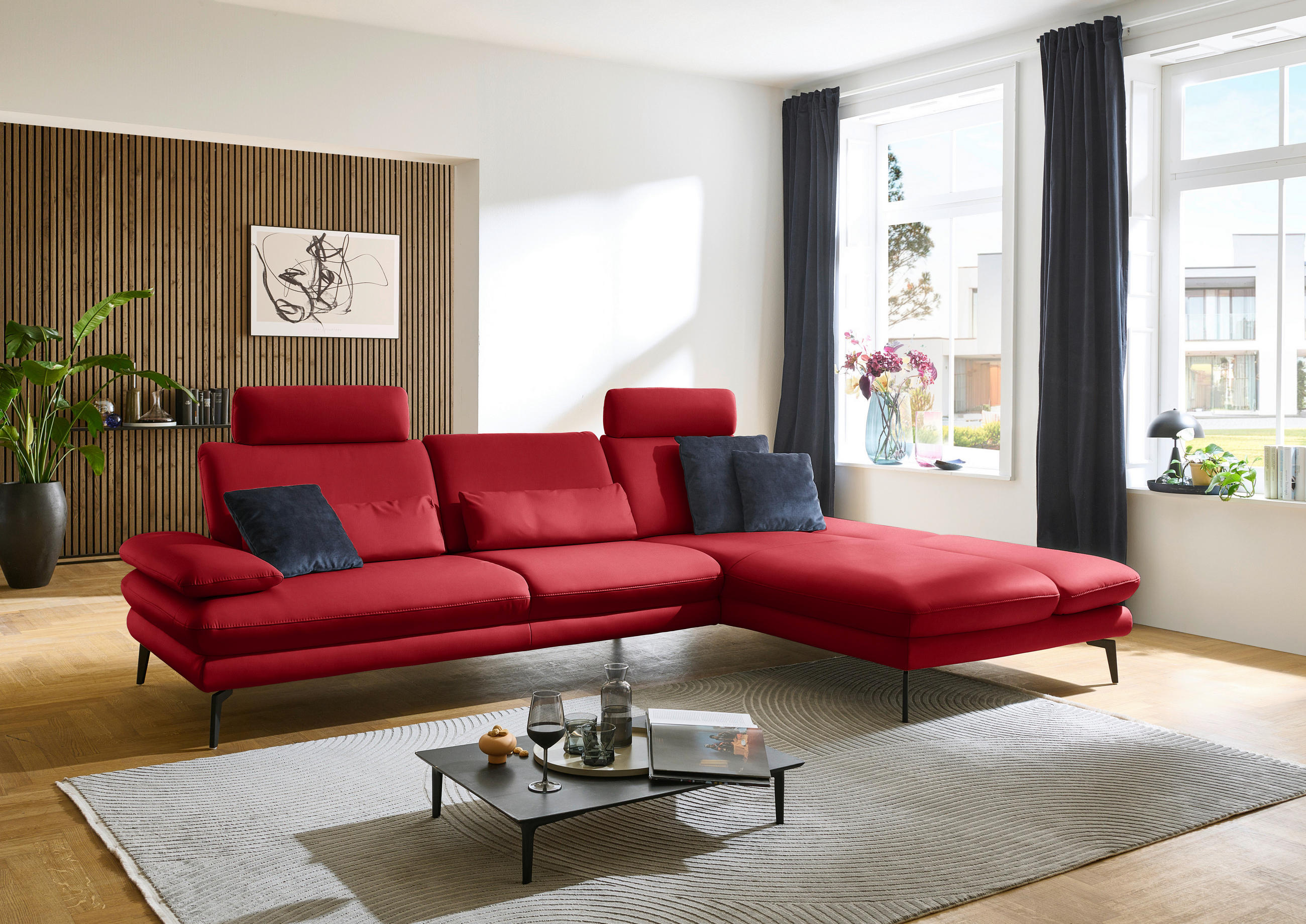 ECKSOFA in Echtleder Rot  - Rot/Schwarz, Design, Leder/Metall (308/195cm) - Dieter Knoll
