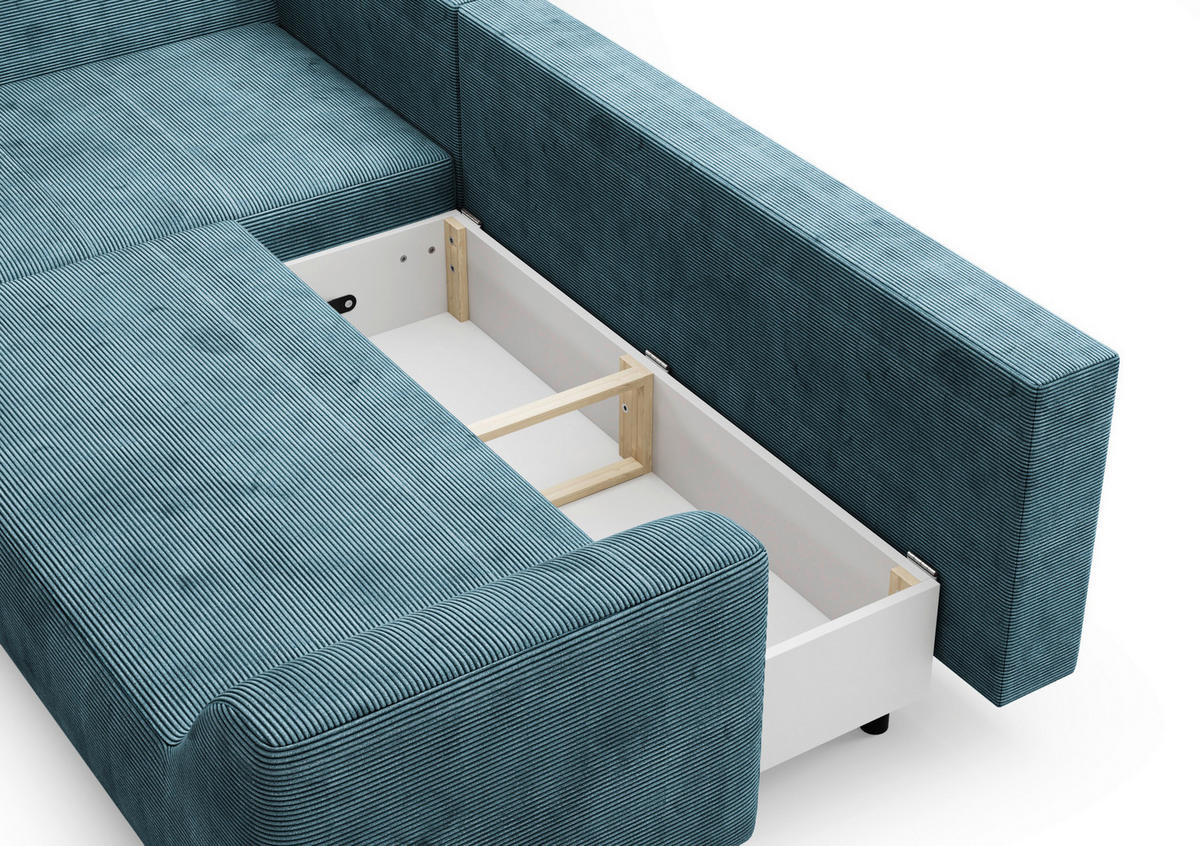 ECKSCHLAFSOFA  mit Bettkasten erhältlich, seitenverkehrt erhältlich, Schlafen auf Sitzhöhe, Bettfunktion erhältlich, Rücken echt Cord Mintgrün  - Schwarz/Mintgrün, Design, Textil/Metall (167/273cm) - MID.YOU