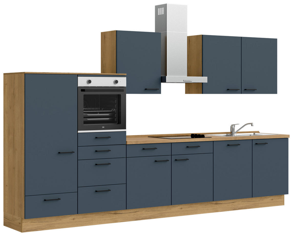 KÜCHENLEERBLOCK 360 cm   in Blau, Eichefarben  - Blau/Eichefarben, MODERN, Holzwerkstoff/Metall (360cm) - Nobilia