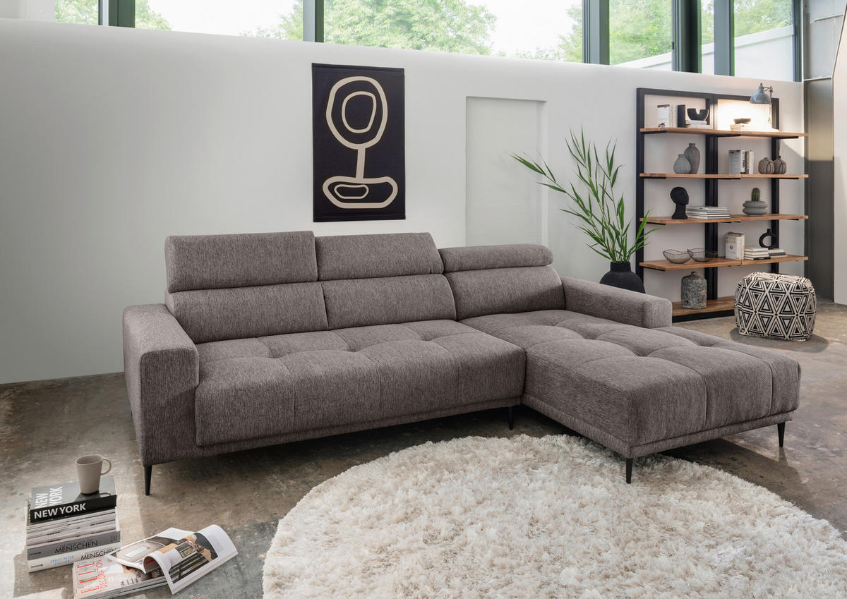 ECKSOFA Graubraun Chenille  - Graubraun/Schwarz, KONVENTIONELL, Textil/Metall (276/188cm) - Livetastic