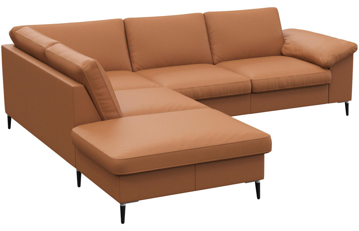 ECKSOFA Cognac Echtleder  - Cognac/Schwarz, Design, Leder/Metall (225/247cm) - Livetastic