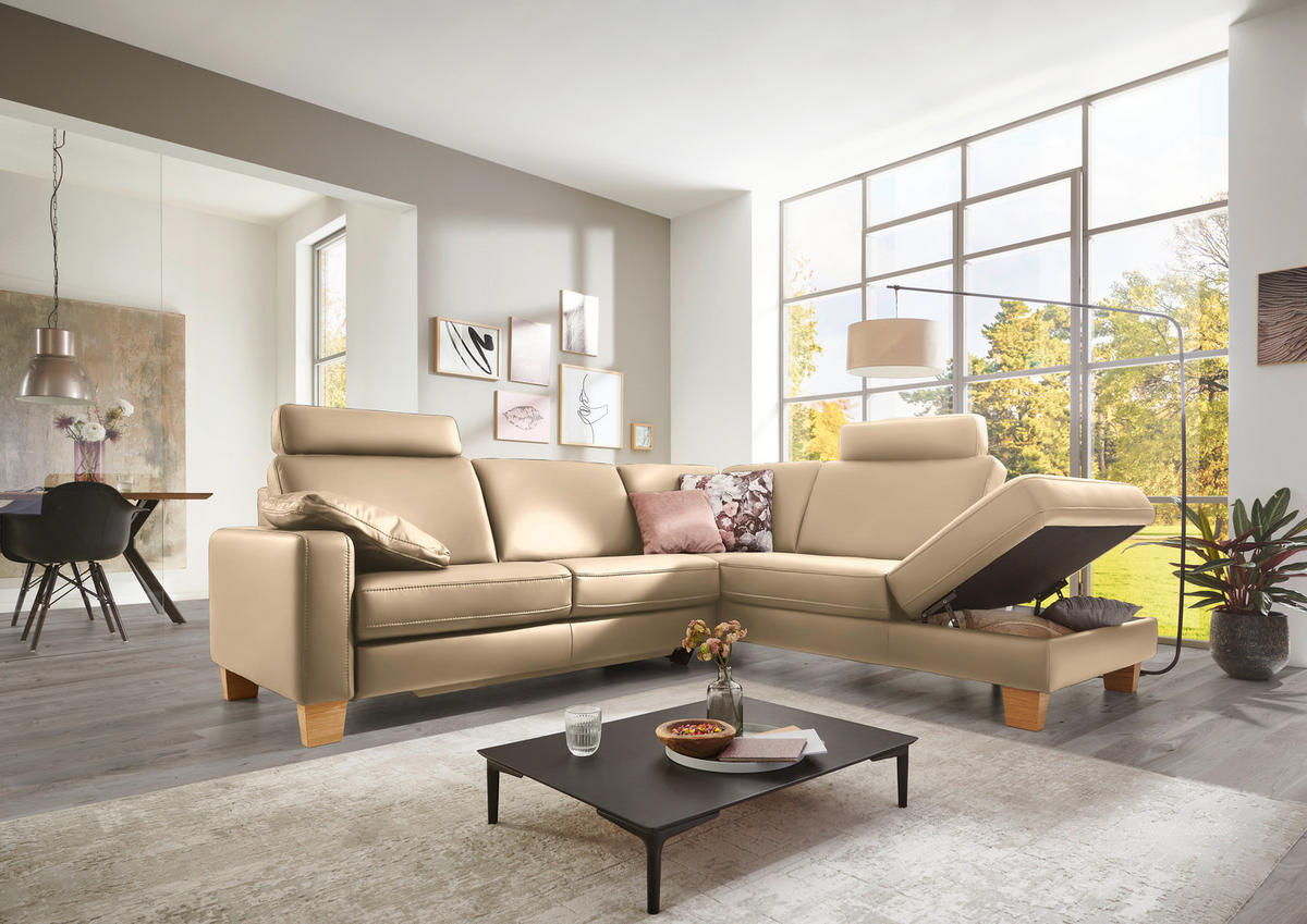 ECKSOFA in Echtleder Beige  - Eiche Bianco/Beige, Konventionell, Leder/Holz (257/235cm) - Valdera