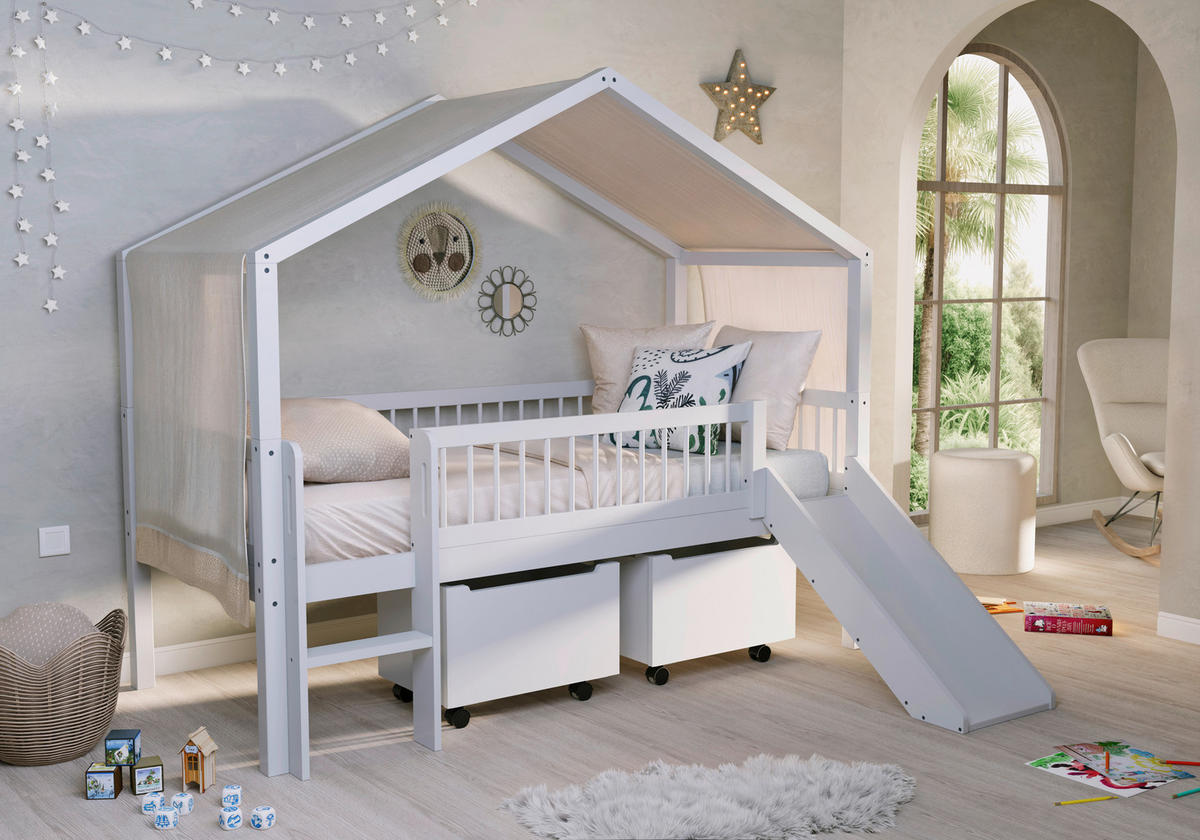 HAUSBETT Absturzsicherung, Leiter, Rutsche, Rollrost 90/200 cm  - Weiß, MODERN, Holz (90/200cm) - MID.YOU