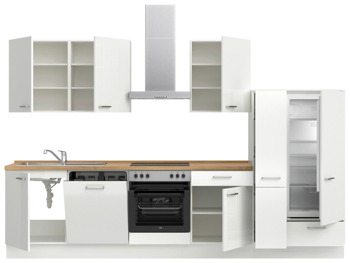 KÜCHENLEERBLOCK 330 cm   in Eichefarben, Weiß Hochglanz  - Edelstahlfarben/Eichefarben, MODERN, Holzwerkstoff/Metall (330cm) - Nobilia