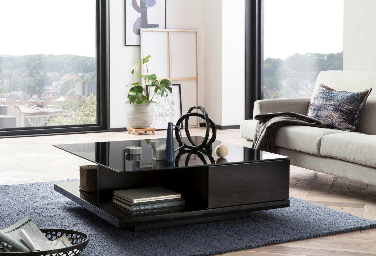 COUCHTISCH in Glas, Holzwerkstoff 100/100/36 cm  - Schwarz Hochglanz/Schwarz, Design, Glas/Holzwerkstoff (100/100/36cm) - Livetastic