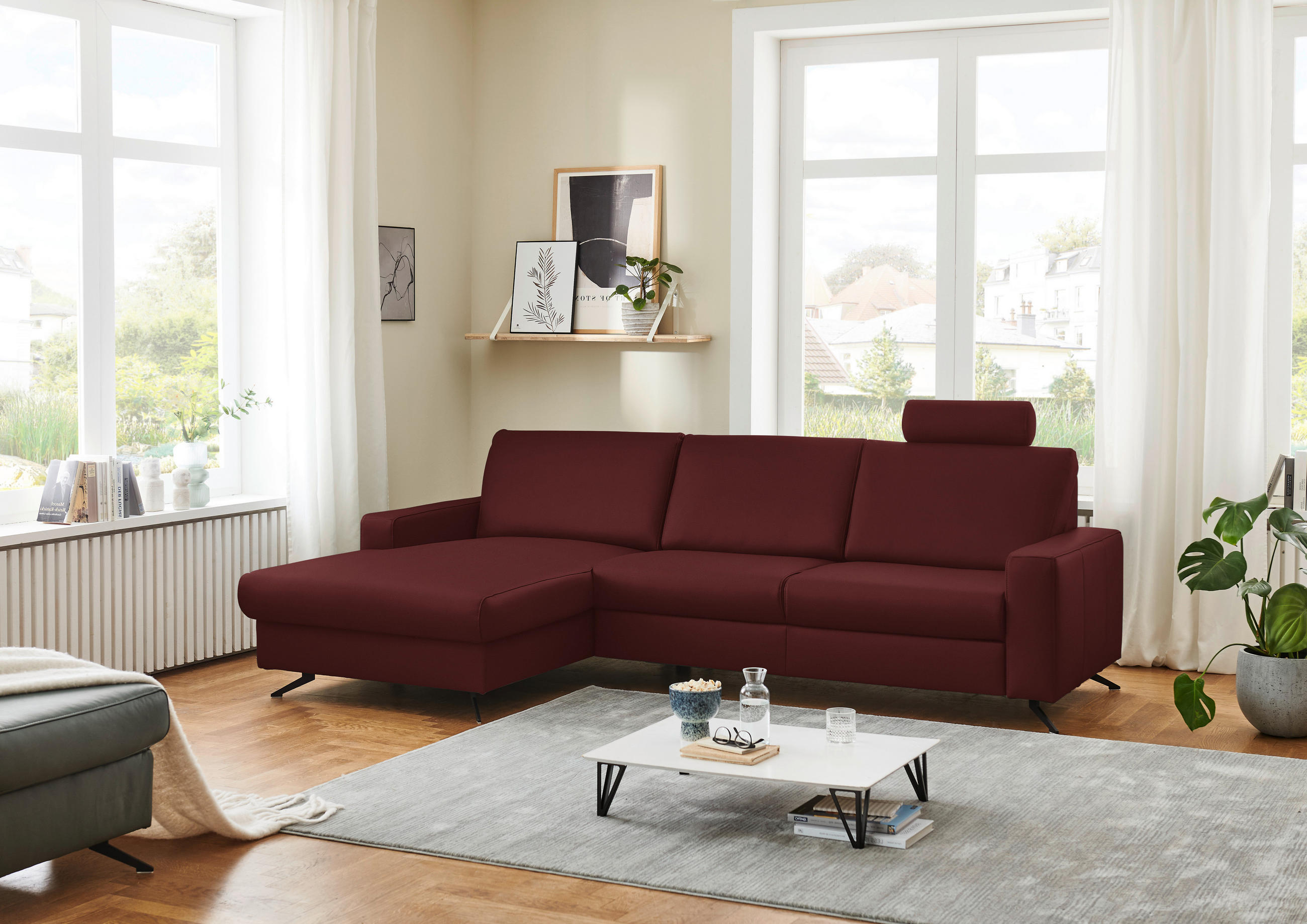 ECKSOFA in Echtleder Brombeere  165/267 cm  - Brombeere/Schwarz, Design, Leder/Metall (165/267cm) - Beldomo Premium