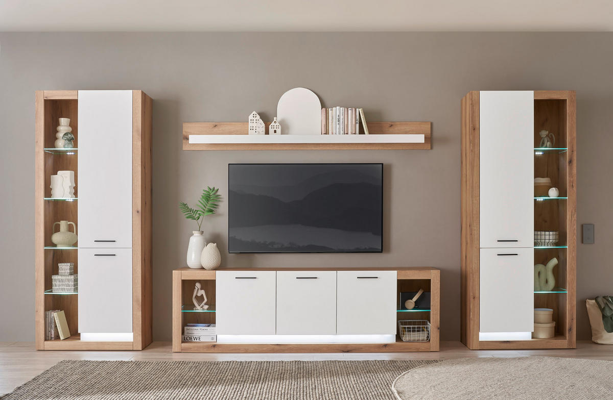 WOHNWAND 4-teilig  in Weiß, Eichefarben  398/195/43 cm  - Eichefarben/Schwarz, Design, Glas/Holzwerkstoff (398/195/43cm) - MID.YOU