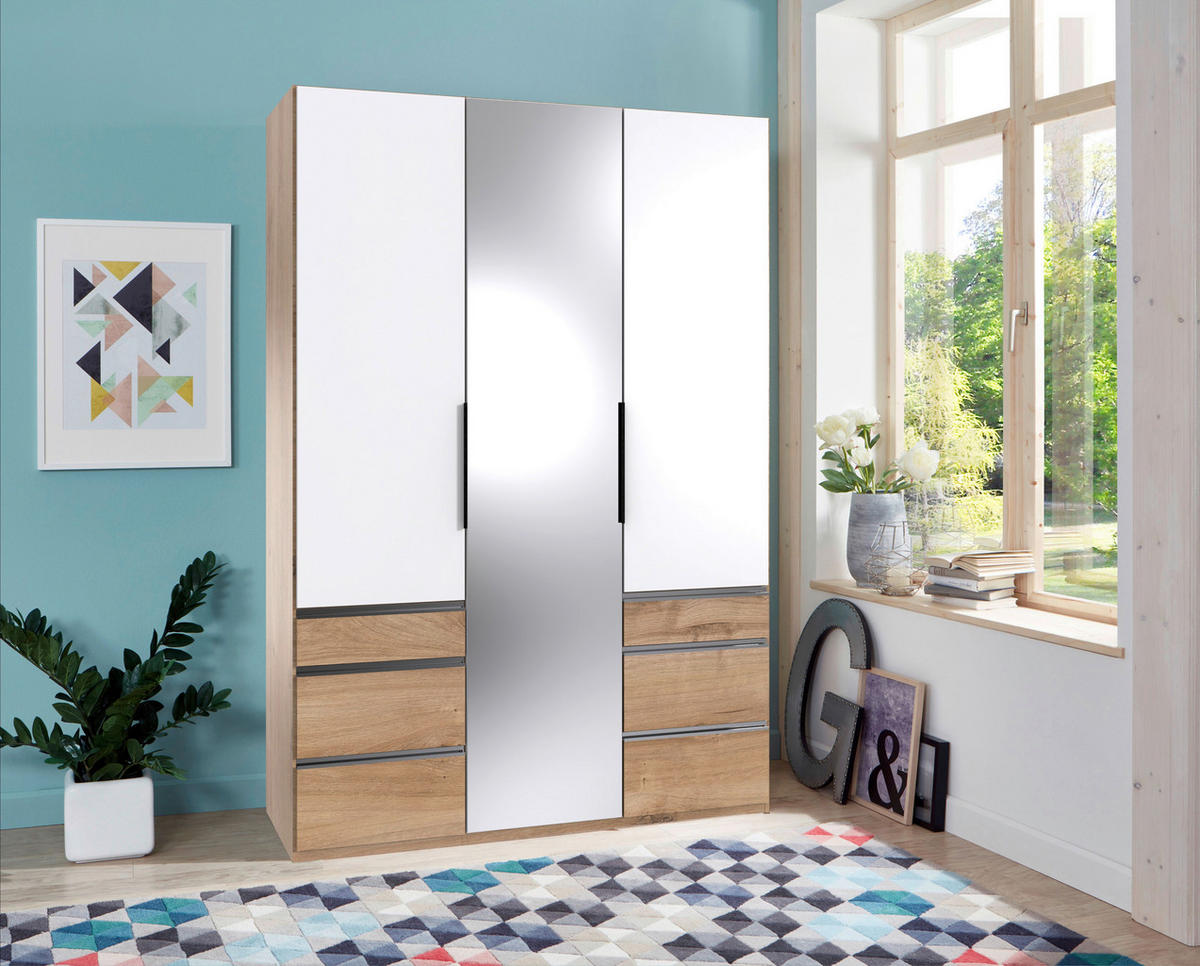 DREHTÜRENSCHRANK in Silberfarben, Weiss, Eichefarben  - Chromfarben/Weiss, Modern, Glas/Holzwerkstoff (150/216/58cm) - MID.YOU