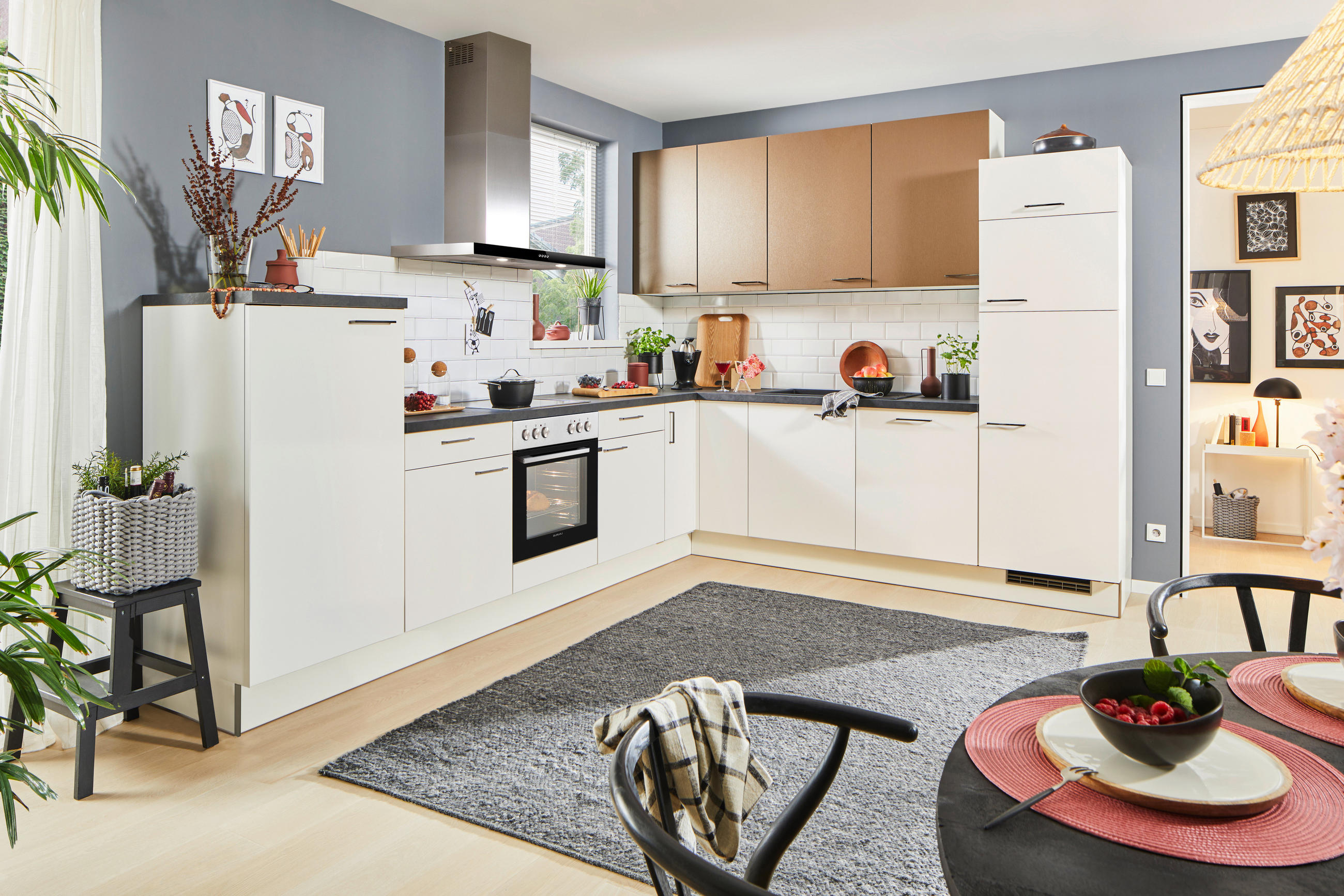 ECKKÜCHE 330/270 cm  in Weiß, Bronzefarben  - Schwarz/Weiß, Design, Holzwerkstoff/Metall (330/270cm) - Xora