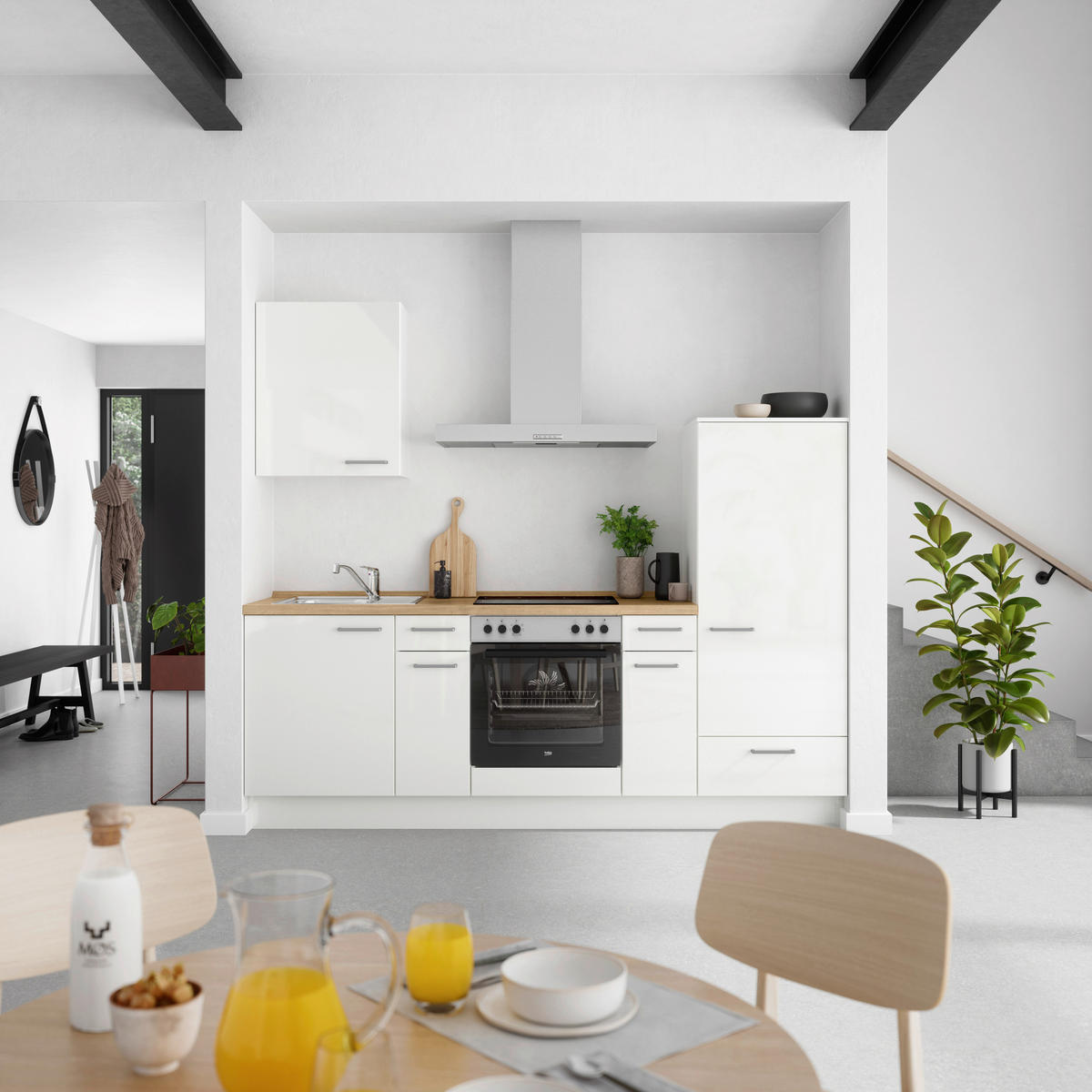 KÜCHENLEERBLOCK 240 cm   in Eichefarben, Weiß Hochglanz  - Edelstahlfarben/Eichefarben, MODERN, Holzwerkstoff/Metall (240cm) - Nobilia