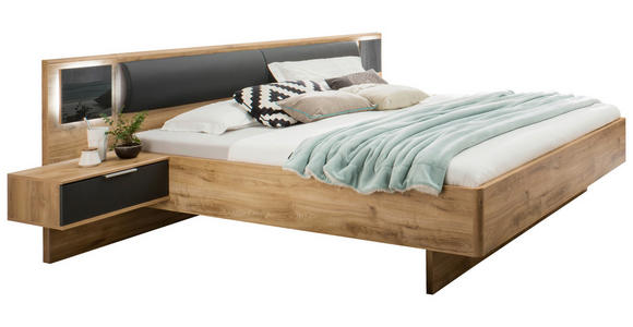 BETTANLAGE 180/200 cm  in Graphitfarben, Dunkelgrau, Plankeneiche  - Plankeneiche/Dunkelgrau, KONVENTIONELL, Glas/Holzwerkstoff (180/200cm) - Carryhome