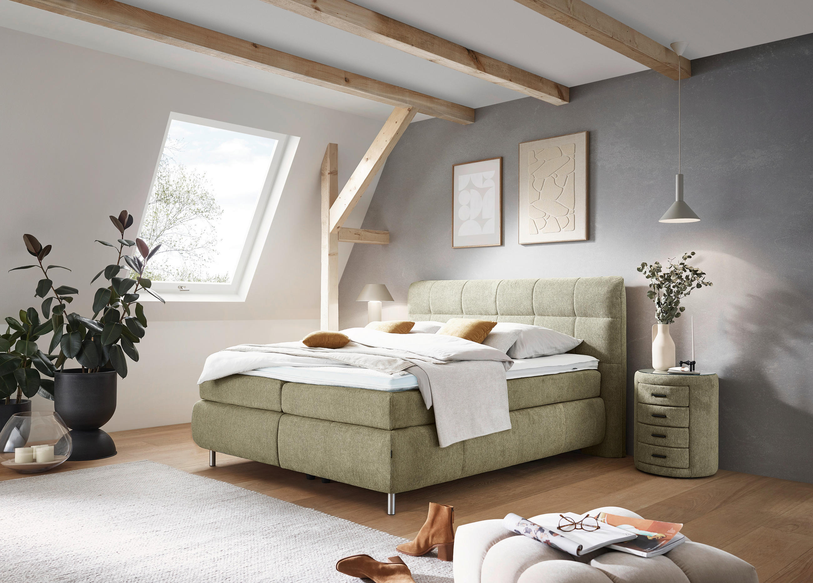 BOXSPRING-ÁGY 160/200 cm  világoszöld  - alumínium színű/világoszöld, Konventionell, textil/fém (160/200cm) - Dieter Knoll