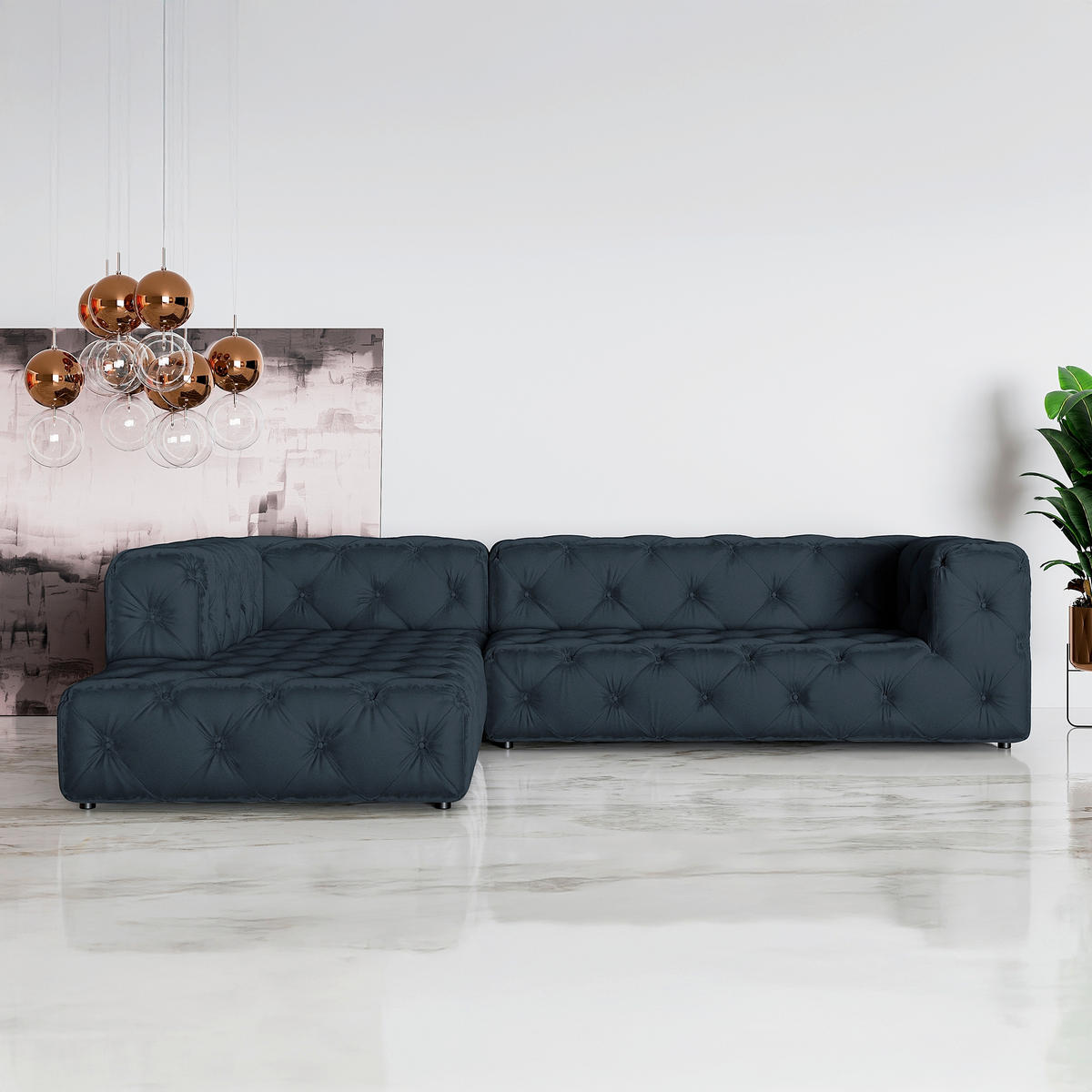 ECKSOFA Samt Dunkelblau  - Schwarz/Dunkelblau, Design, Kunststoff/Textil (228/325cm) - P & B