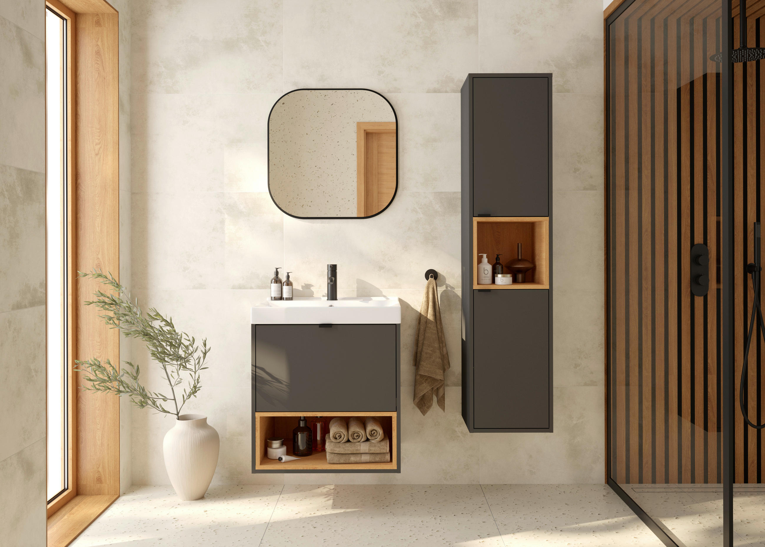 Thumbnail - Mid.you Waschtischkombi, Anthrazit, Eiche, Metall, 1 Schubladen, 62 cm, hängend, Badezimmer, Waschbecken & Armaturen, Wa...