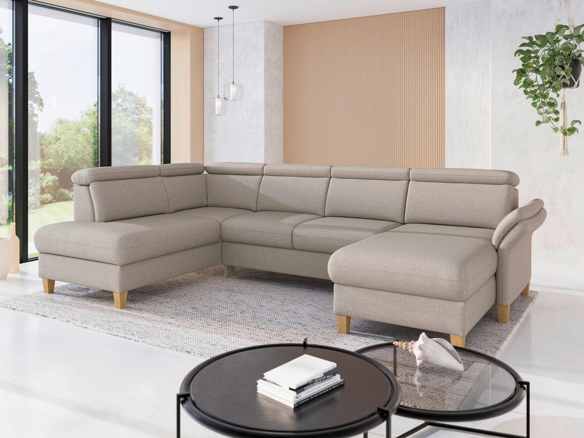 WOHNLANDSCHAFT GLENDALE E Taupe Flachgewebe  - Taupe/Eichefarben, KONVENTIONELL, Holz/Textil (193/321/166cm) - Sit & More