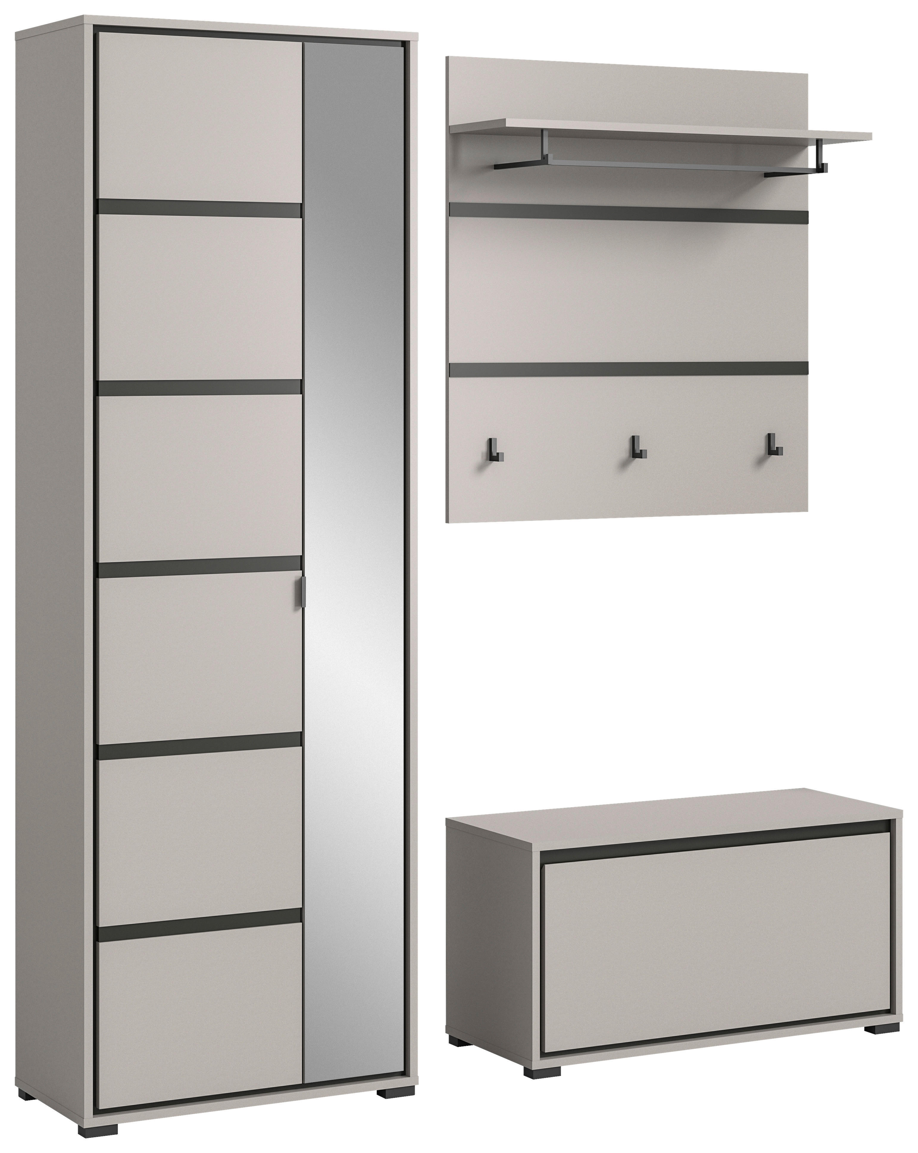 GARDEROBE 3-teilig  in 165/196/37 cm  - Schwarz/Grau, Design, Glas/Holzwerkstoff (165/196/37cm) - Xora