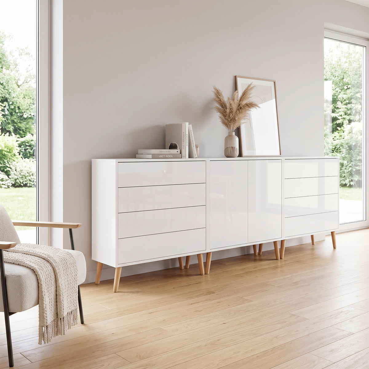 SIDEBOARD Mailand Set 4 + HF 237/86/33 cm 8 Schublade(n)  - Weiß Hochglanz/Weiß, MODERN, Holz/Holzwerkstoff (237/86/33cm) - MID.YOU