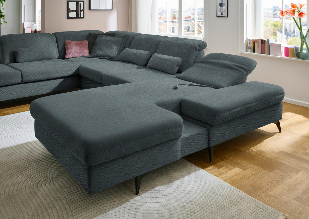 WOHNLANDSCHAFT Chenille Blau  - Blau/Schwarz, Design, Textil/Metall (255/364/198cm) - Beldomo Style