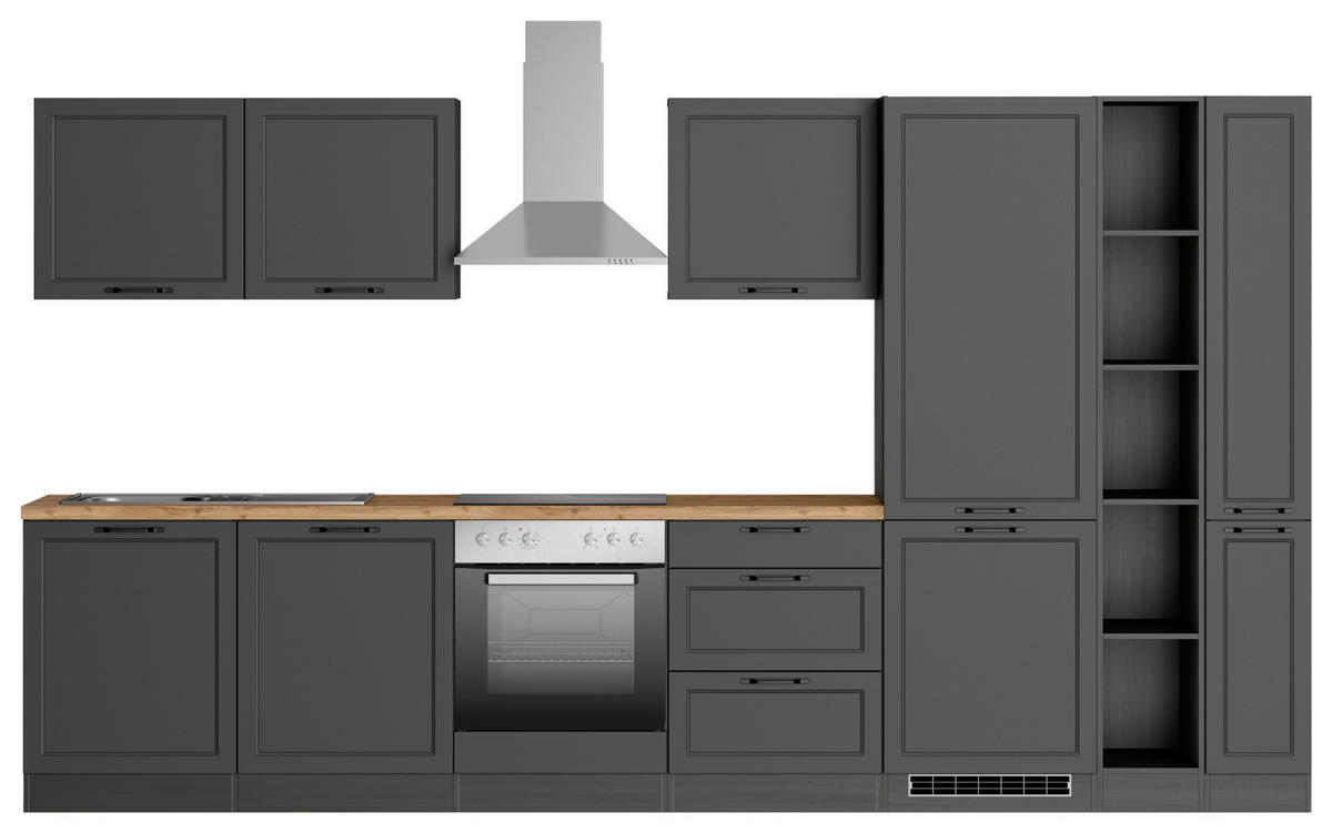 KÜCHENBLOCK 360 cm   in Grau, Eiche Wotan  - Eiche Wotan/Schwarz, LIFESTYLE, Holzwerkstoff/Metall (360cm) - Held