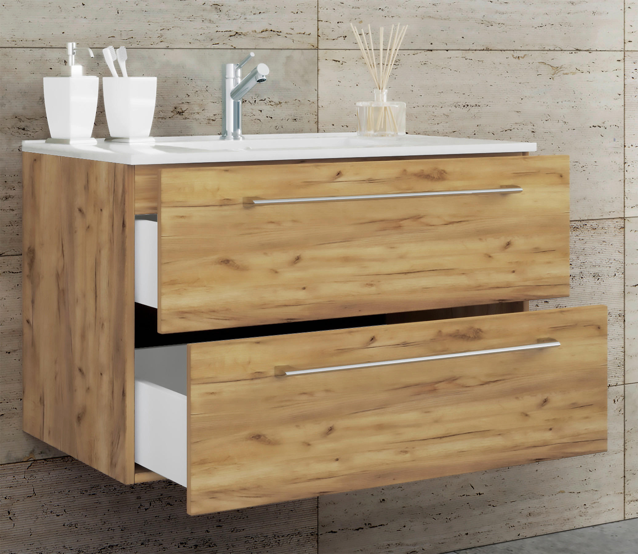 WASCHTISCHKOMBI 81 cm  - Honigeiche/Alufarben, MODERN, Keramik/Holzwerkstoff (81cm) - MID.YOU