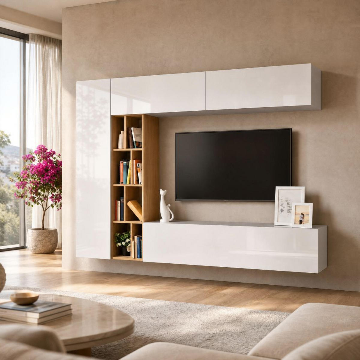 DNEVNI REGAL,  hrast sonoma, bela, visoki sijaj  - bela/hrast sonoma, Moderno, leseni material (224/160/35cm) - Ti'me