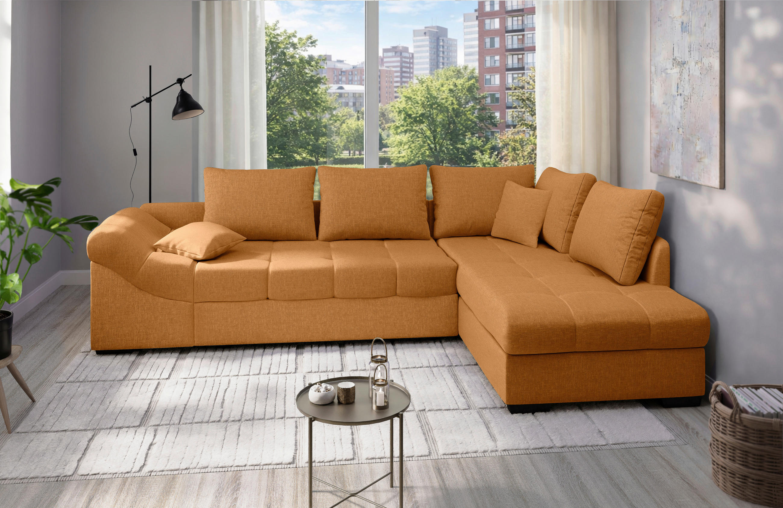 ECKSCHLAFSOFA Alvito in Mikrofaser Goldfarben  - Goldfarben/Schwarz, MODERN, Holz/Textil (298/202cm) - MID.YOU