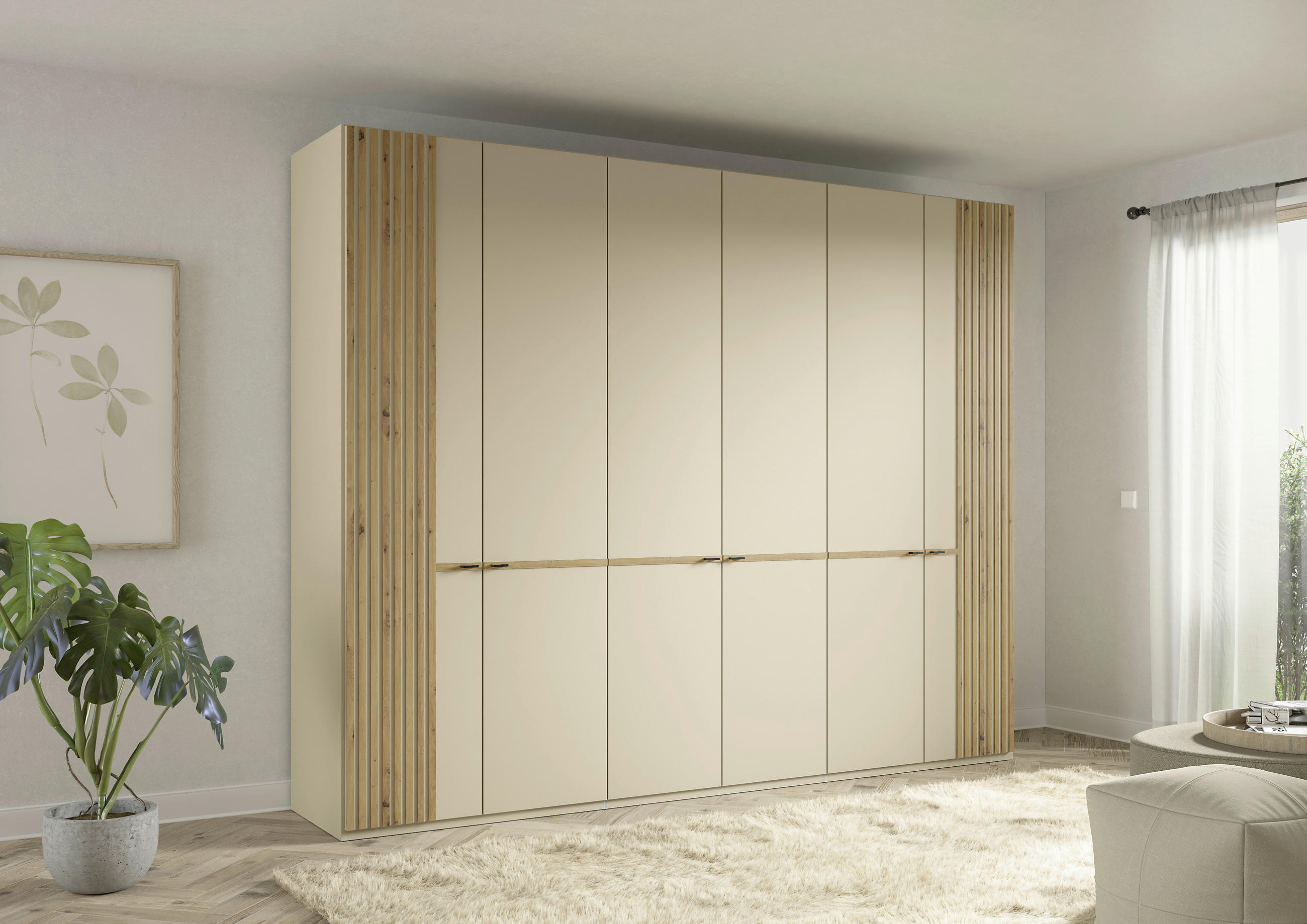 DREHTÜRENSCHRANK 300/236/58 cm 6-türig Champagner, Eiche Bianco  - Eiche Bianco/Champagner, Design, Holzwerkstoff/Metall (300/236/58cm) - Musterring