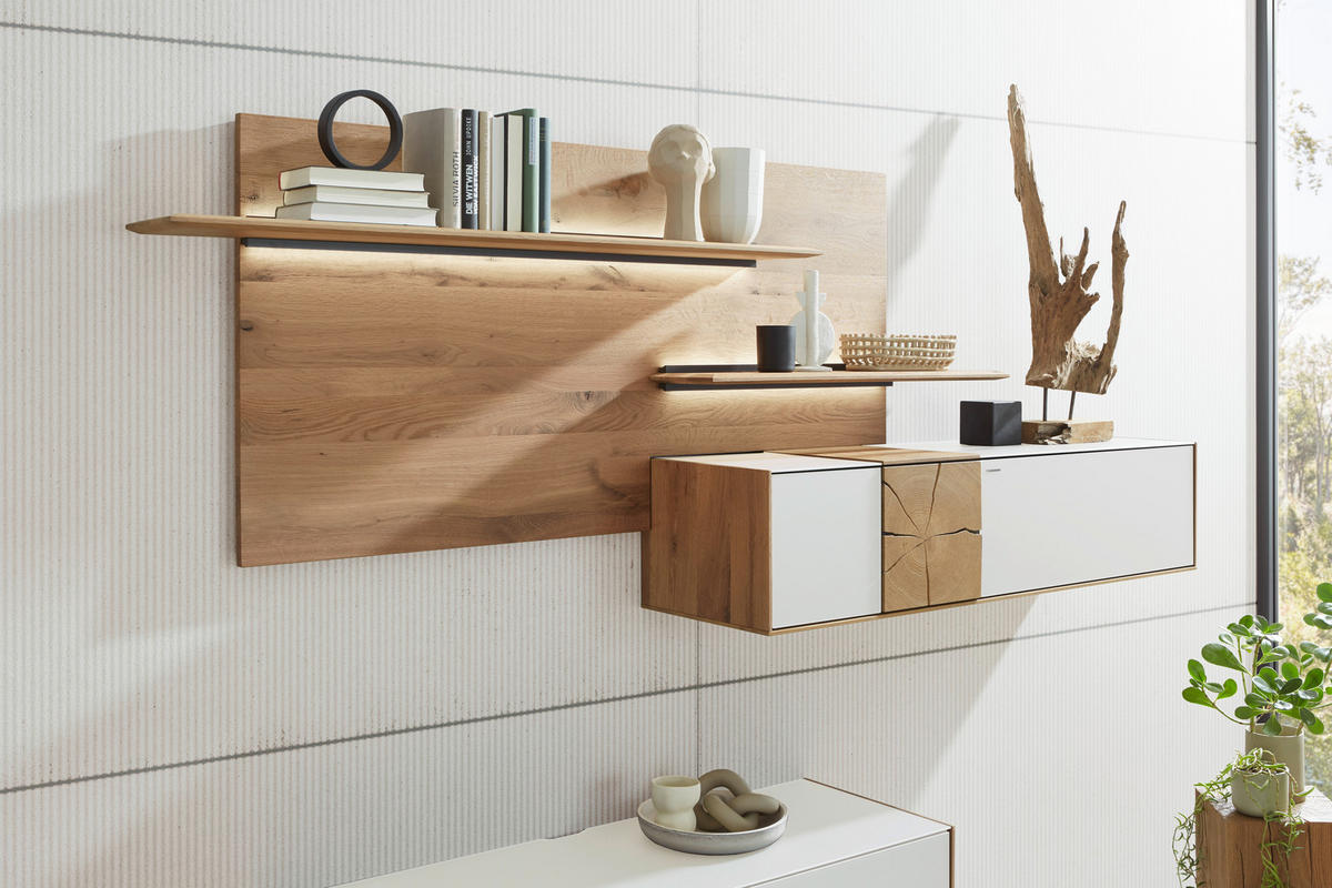 WOHNWAND  in Weiss, Eichefarben 343/196/44 cm  - Weiss/Eichefarben, Design, Glas/Holz (343/196/44cm) - Valnatura