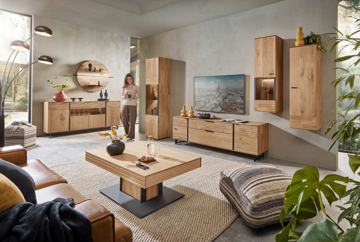 WOHNWAND  in Eichefarben  288/212/44 cm  - Eichefarben/Anthrazit, Natur, Glas/Holz (288/212/44cm) - Valnatura