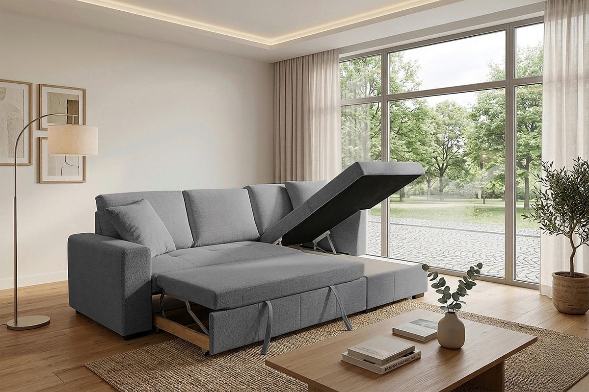 ECKSOFA LUKAS Grau Struktur Zierkissen, Bettkasten  - Grau, Trend, Textil (239/158cm) - P & B