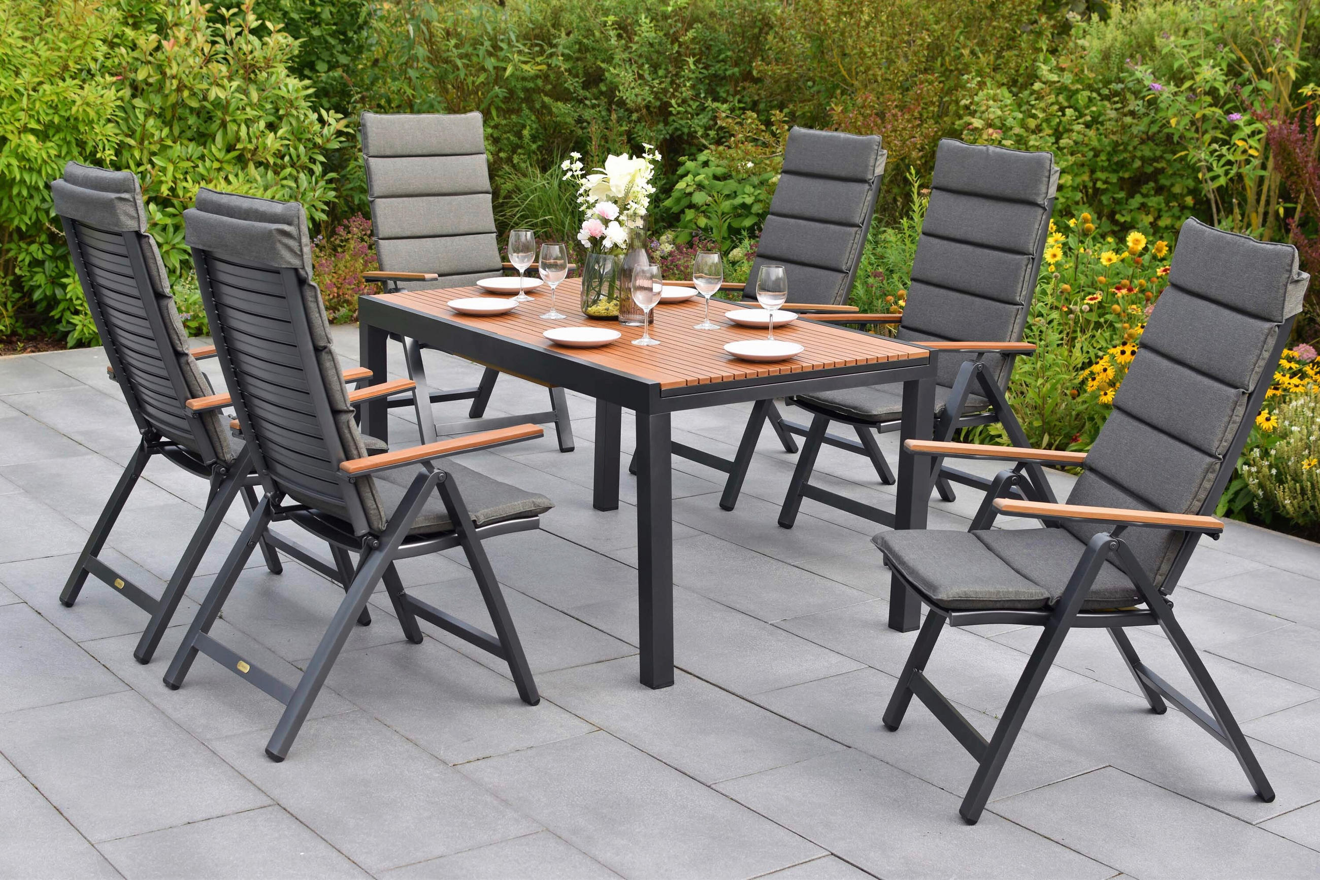 GARTENTISCHGRUPPE  - Graphitfarben/Naturfarben, KONVENTIONELL, Kunststoff/Textil - Gardenson