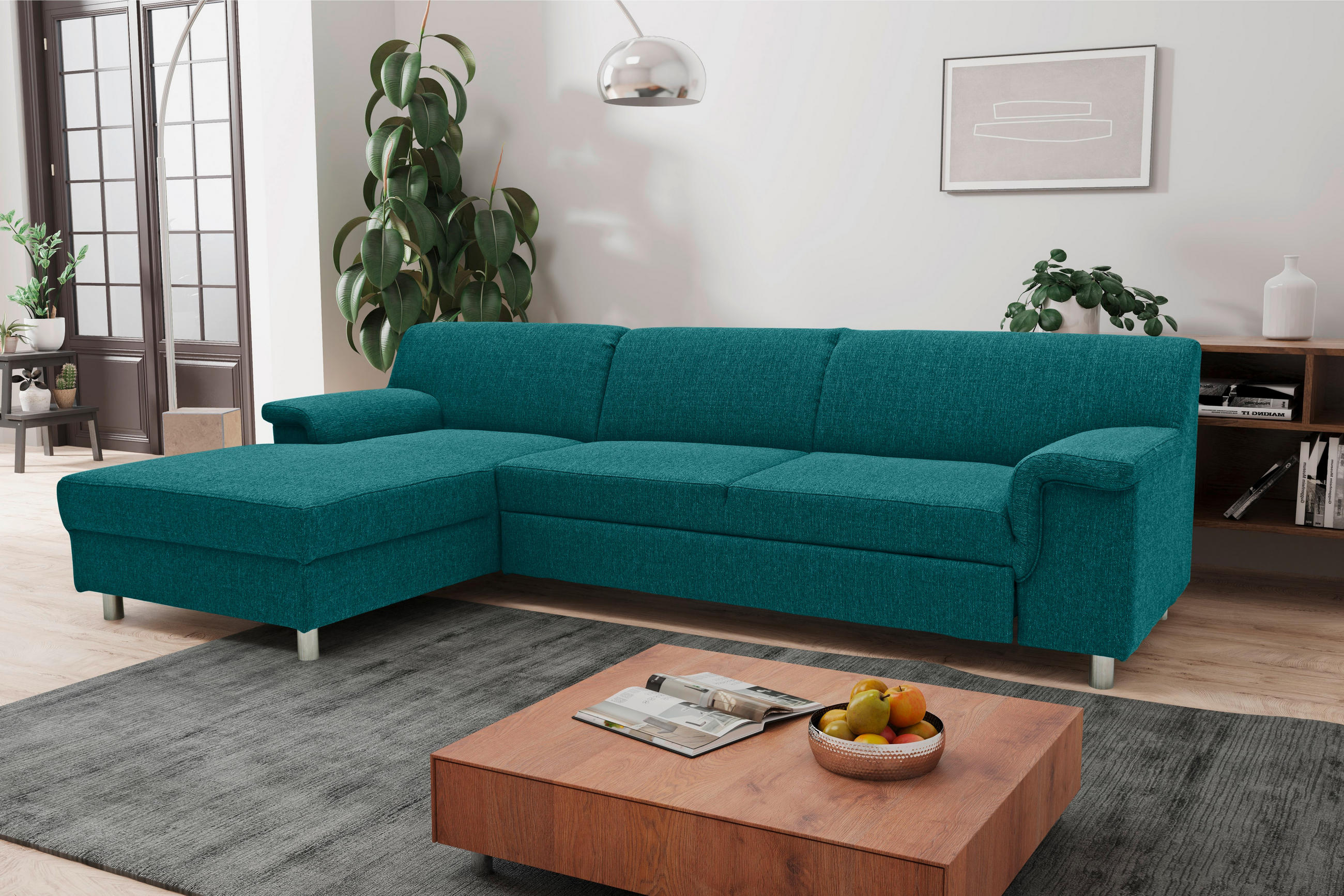 ECKSOFA Petrol Webstoff  - Chromfarben/Petrol, KONVENTIONELL, Textil/Metall (150/251cm) - MID.YOU