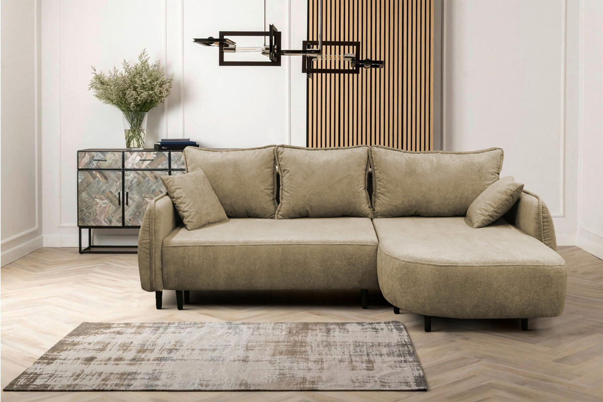 ECKSOFA MURANO Beige Chenille Zierkissen, Rückenkissen, Bettkasten  - Beige/Schwarz, Design, Holz/Textil (242/167cm) - MID.YOU