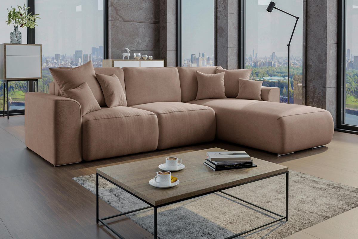 ECKSOFA Taupe Lederlook Zierkissen, Rückenkissen, Bettkasten, Schlaffunktion, Rücken echt, Liegefläche im Originalstoff  - Taupe/Chromfarben, KONVENTIONELL, Kunststoff/Textil (293/195cm) - Carryhome