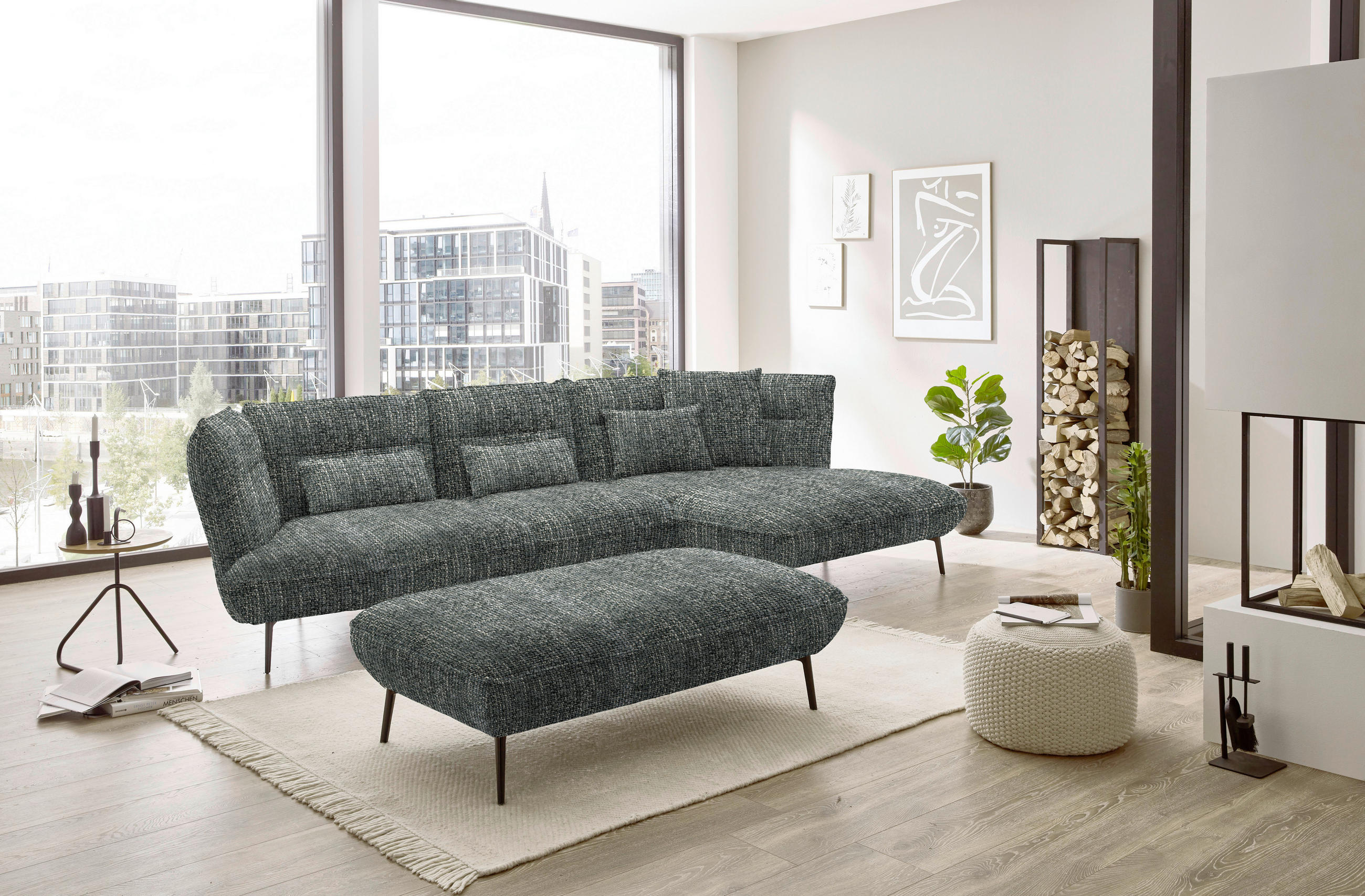 ECKSOFA in Flachgewebe Dunkelgrau  - Dunkelgrau/Schwarz, Design, Textil/Metall (339/153cm) - Moderano