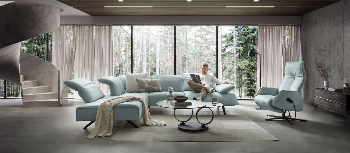 ECKSOFA  in Echtleder Hellblau  230/290 cm  - Anthrazit/Hellblau, Design, Leder/Metall (230/290cm) - Johann Jakob