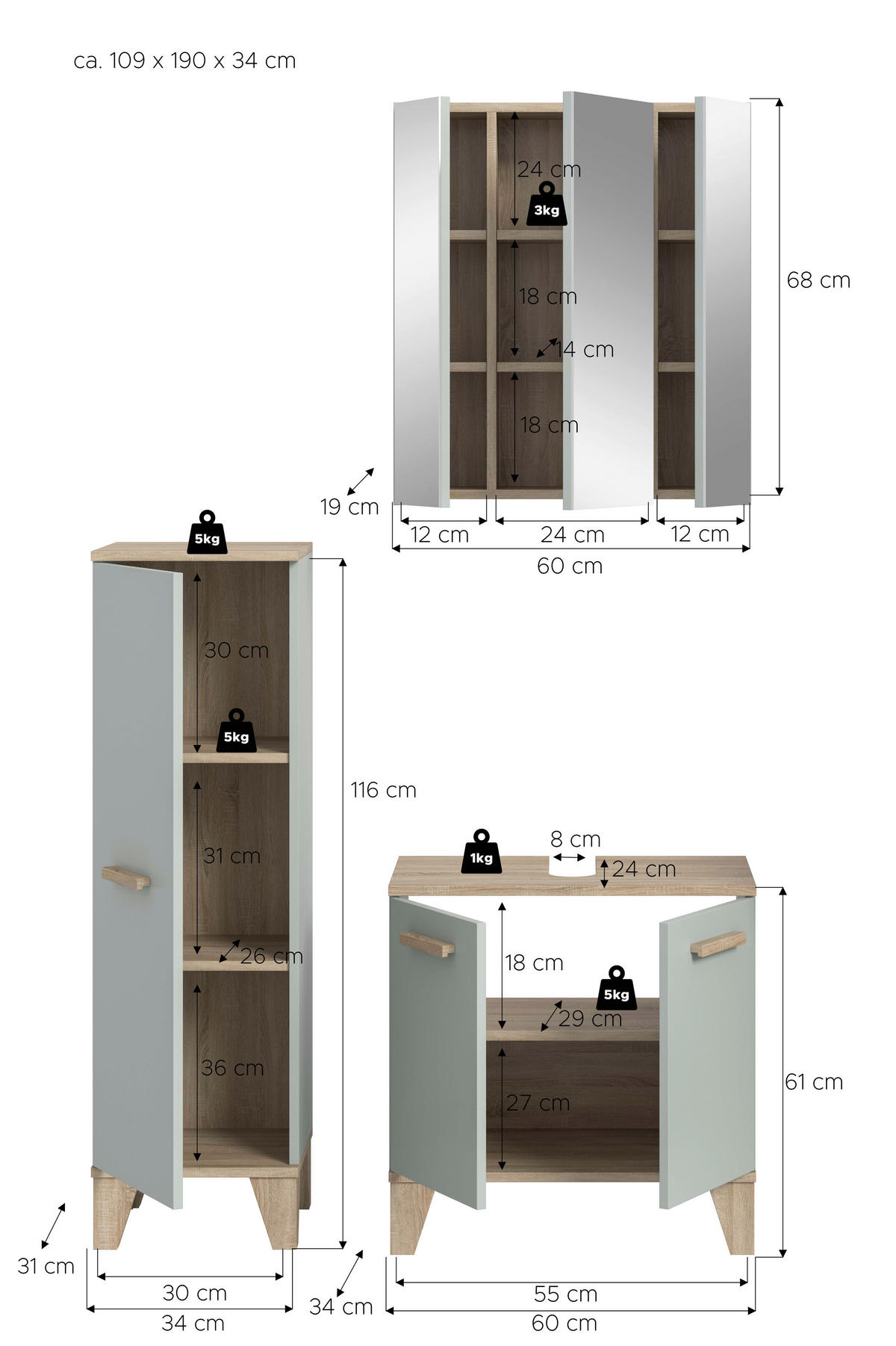 BADEZIMMER 3-teilig 94 cm  - Eiche San Remo/Graugrün, Modern, Holzwerkstoff/Kunststoff (94cm) - MID.YOU