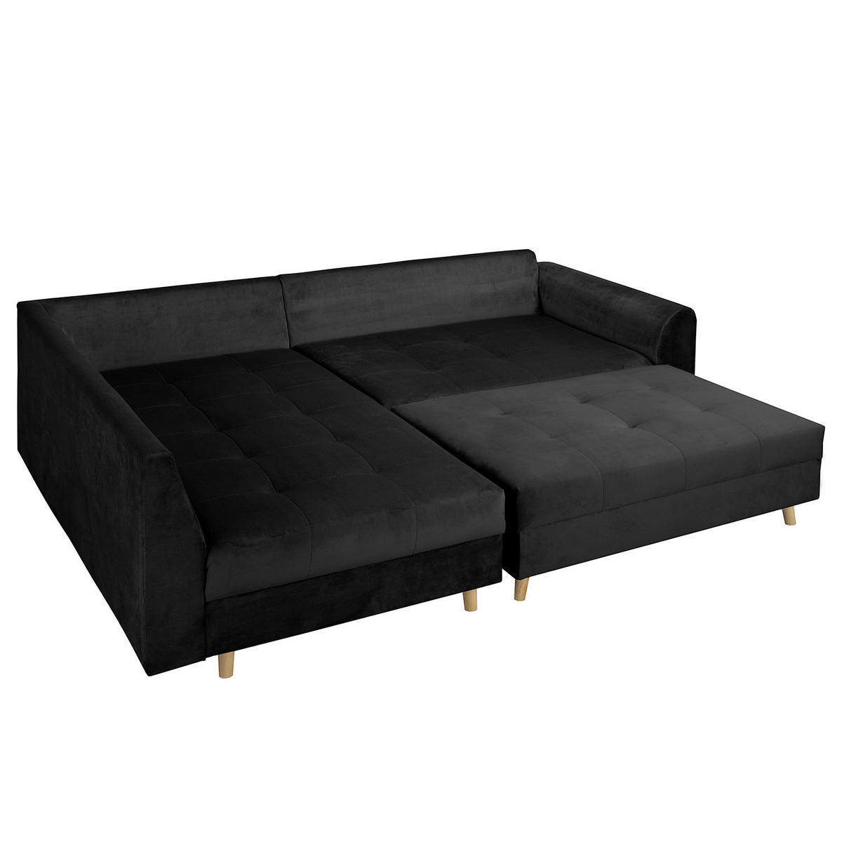 ECKSOFA inkl. Hocker Ariella Schwarz Samt Rückenkissen, Hocker  - Schwarz/Naturfarben, Design, Holz/Textil (161/231cm) - Livetastic