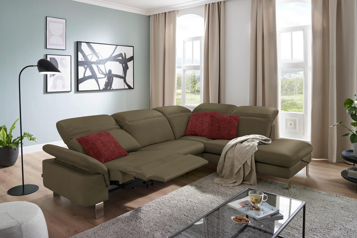 ECKSOFA in Echtleder Olivgrün  309/233 cm  - Edelstahlfarben/Olivgrün, Design, Leder/Metall (309/233cm) - Dieter Knoll