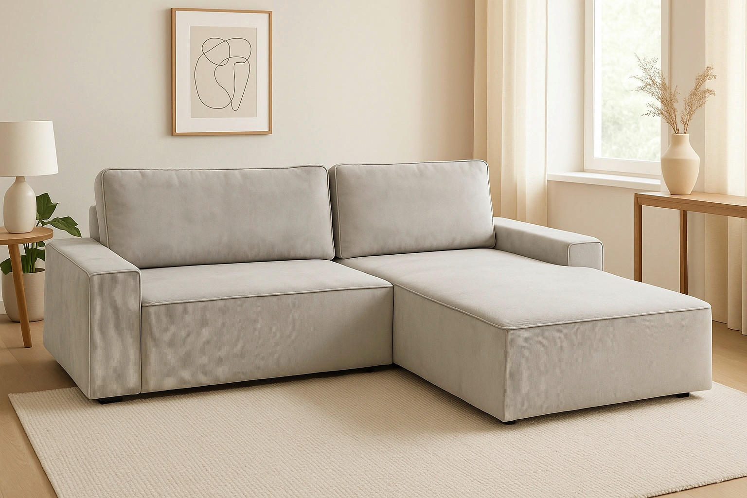 ECKSCHLAFSOFA CHALLANGE  mit Schlafen auf Sitzhöhe, Rücken echt, Armteil links, Armteil rechts Cord Creme  - Creme/Schwarz, MODERN, Kunststoff/Textil (246/168cm) - Trendmanufaktur