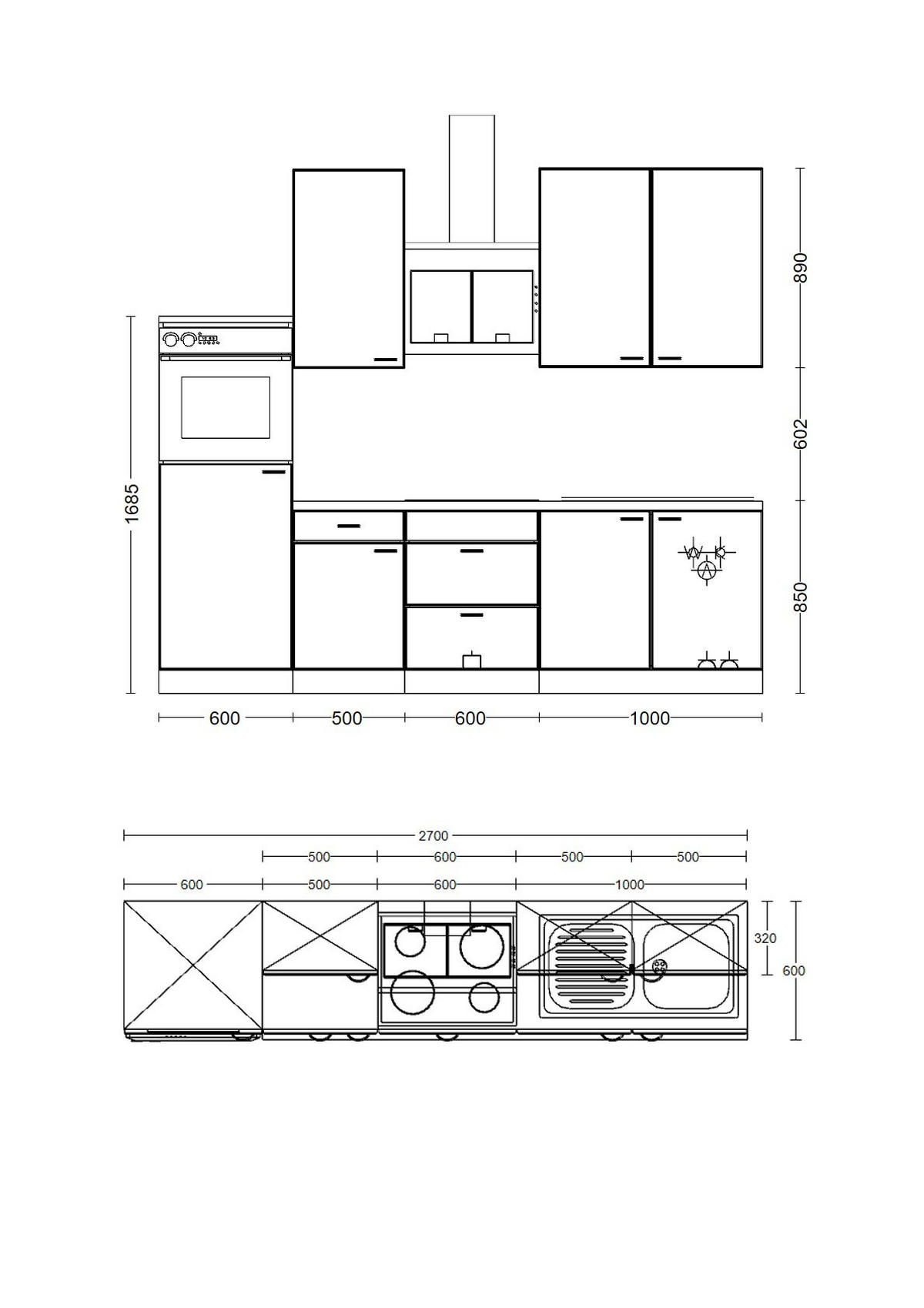KÜCHENBLOCK 270 cm   in Weiß  - Graubraun/Alufarben, KONVENTIONELL, Holzwerkstoff/Kunststoff (270cm) - FlexWell