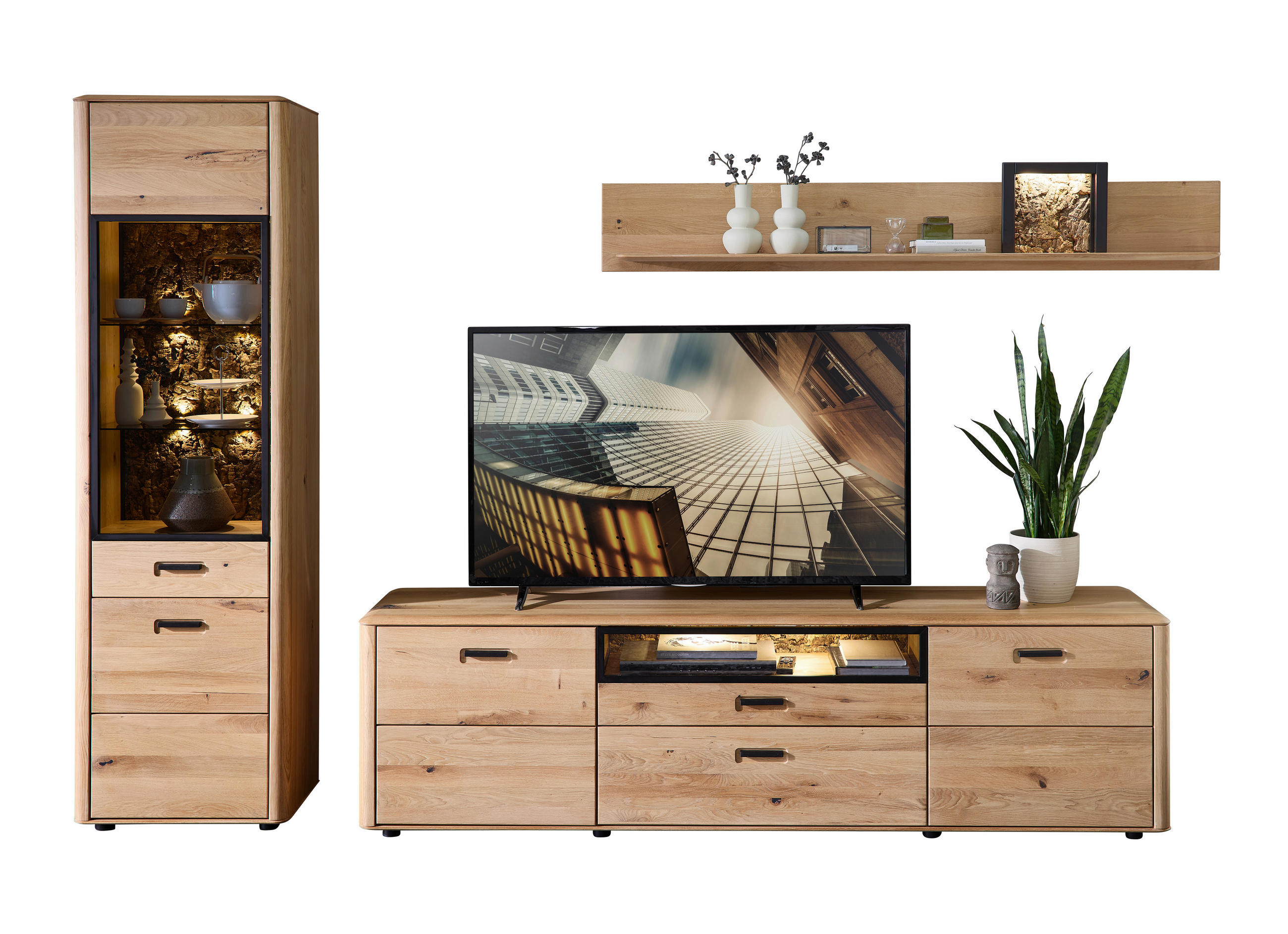 WOHNWAND  in Schwarz, Wildeiche  320/205/45 cm  - Wildeiche/Schwarz, Basics, Glas/Holz (320/205/45cm) - Livetastic