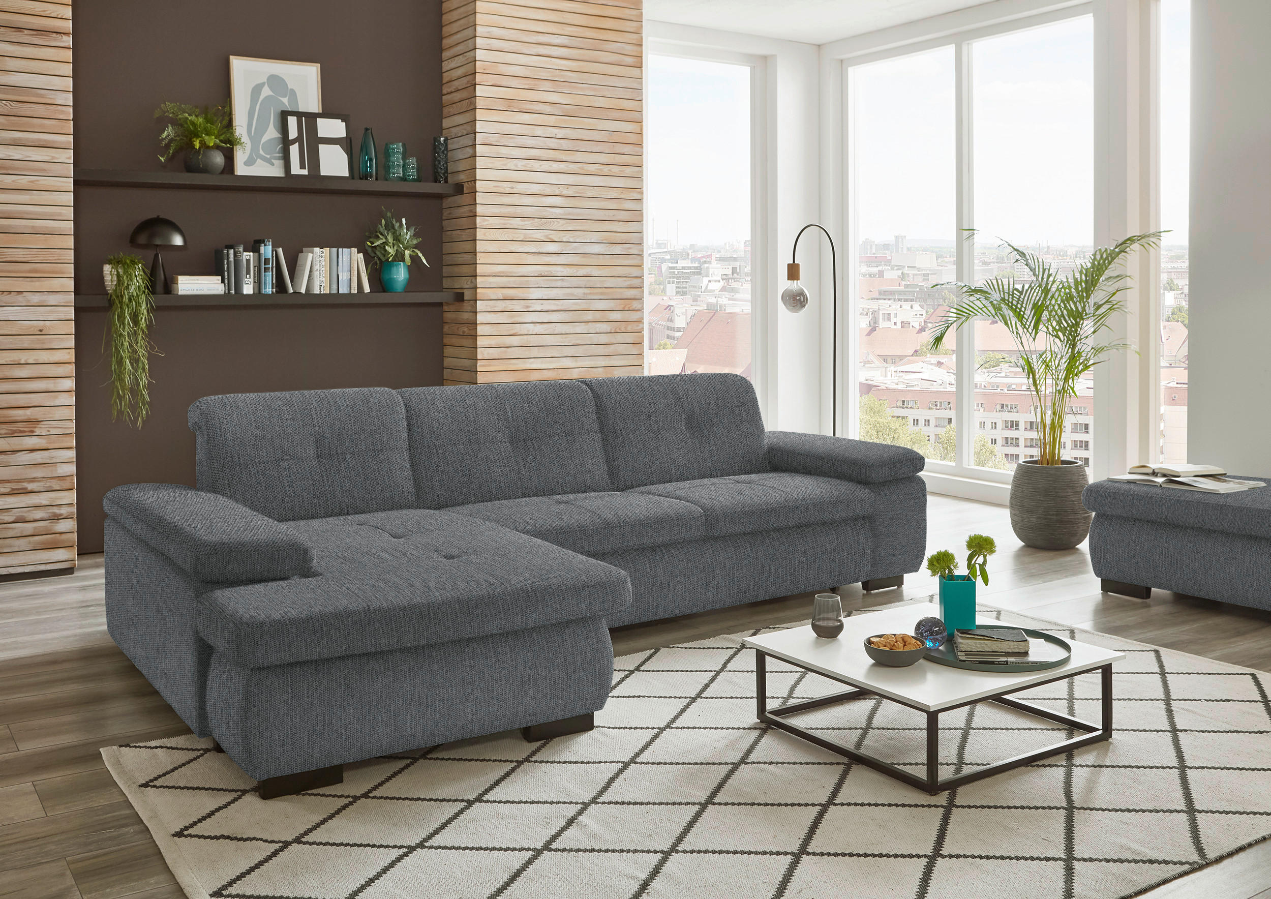 ECKSOFA in Flachgewebe Graubraun  - Graubraun/Schwarz, Design, Textil/Metall (174/297cm) - Beldomo Style