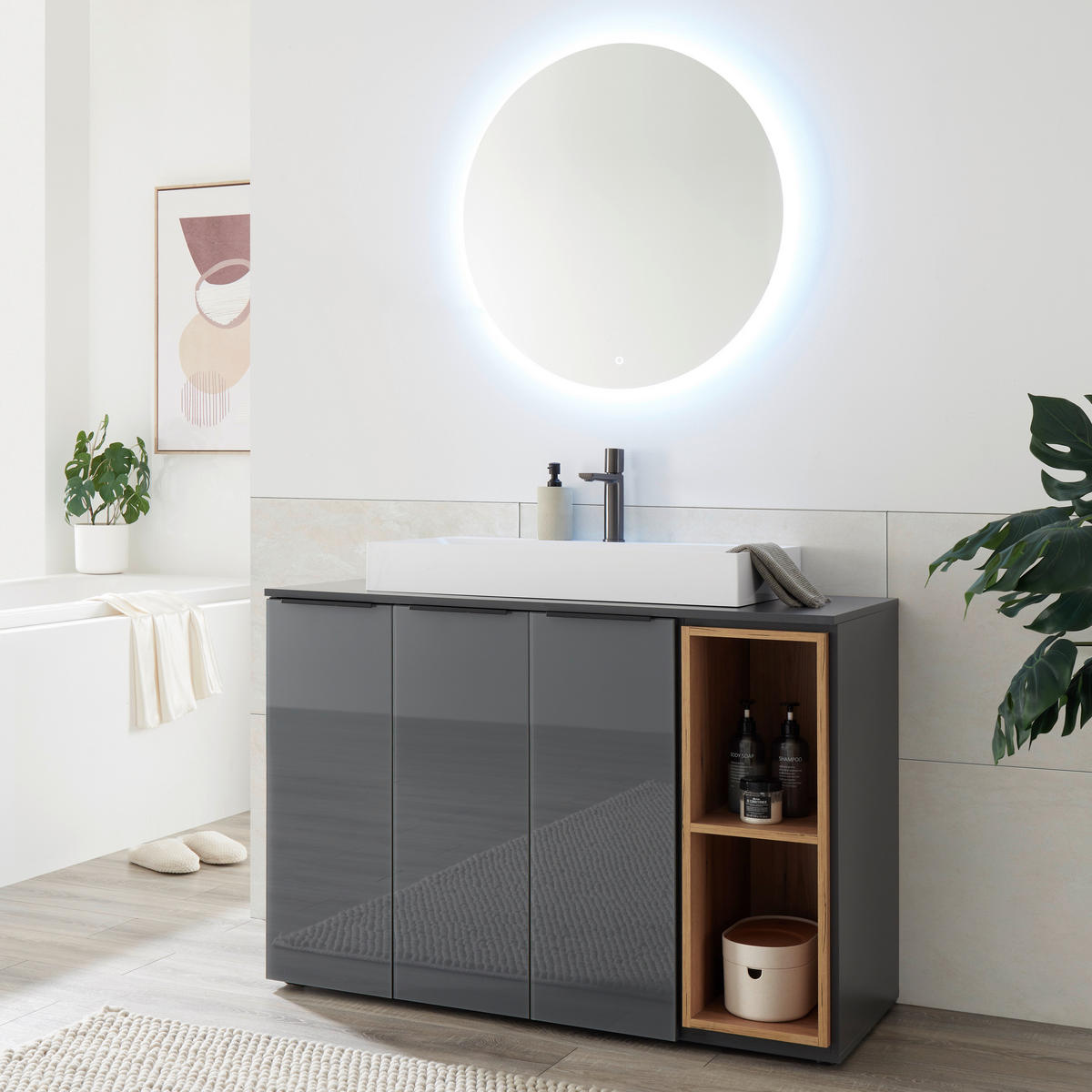 MOSDÓ ALATTI SZEKRÉNY 120/81,5/47 cm  - tölgyfa színű/fekete, Design, műanyag/faalapú anyag (120/81,5/47cm) - home24