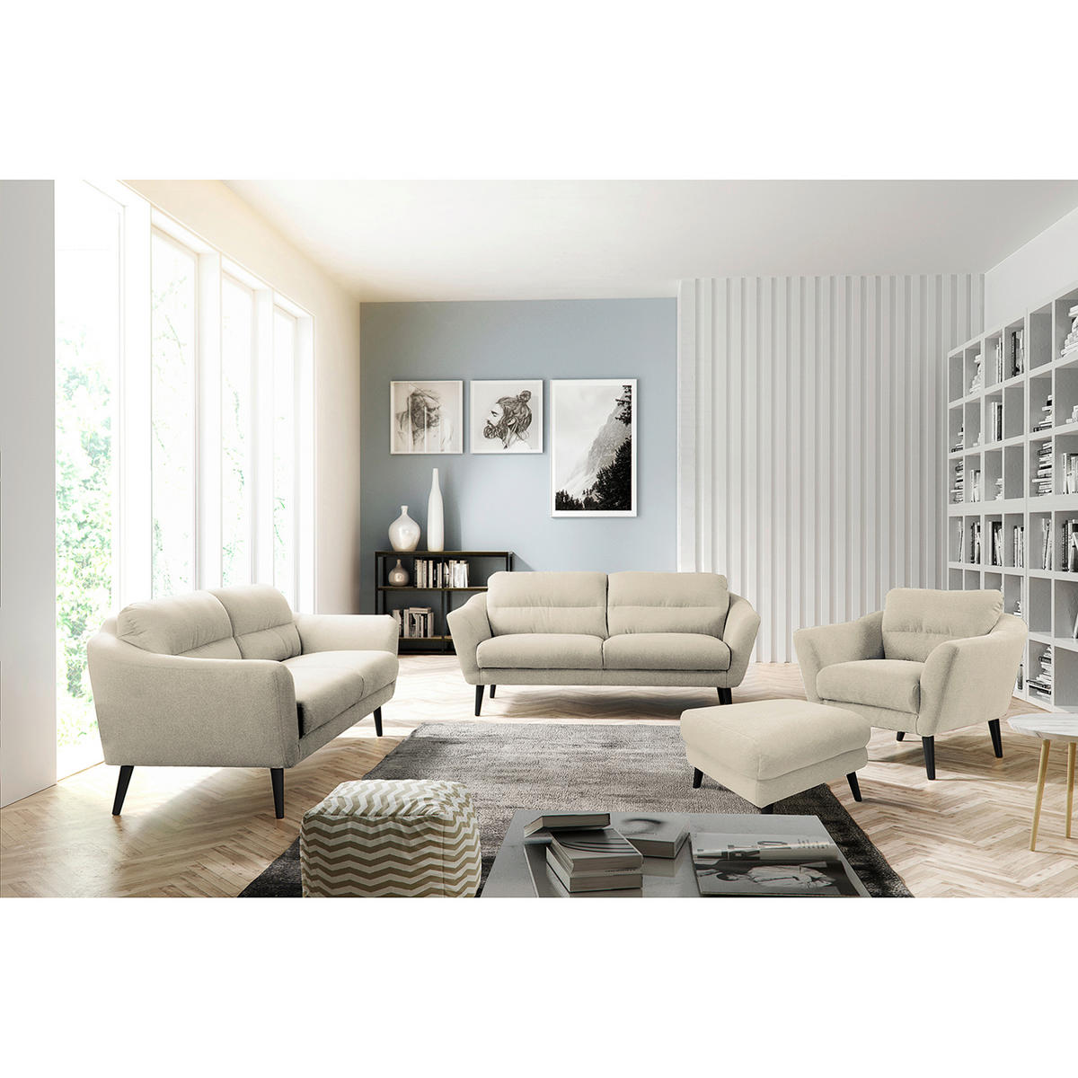 HOCKER in Textil Creme  - Creme/Schwarz, Design, Holz/Textil (61/49/65cm) - Livetastic